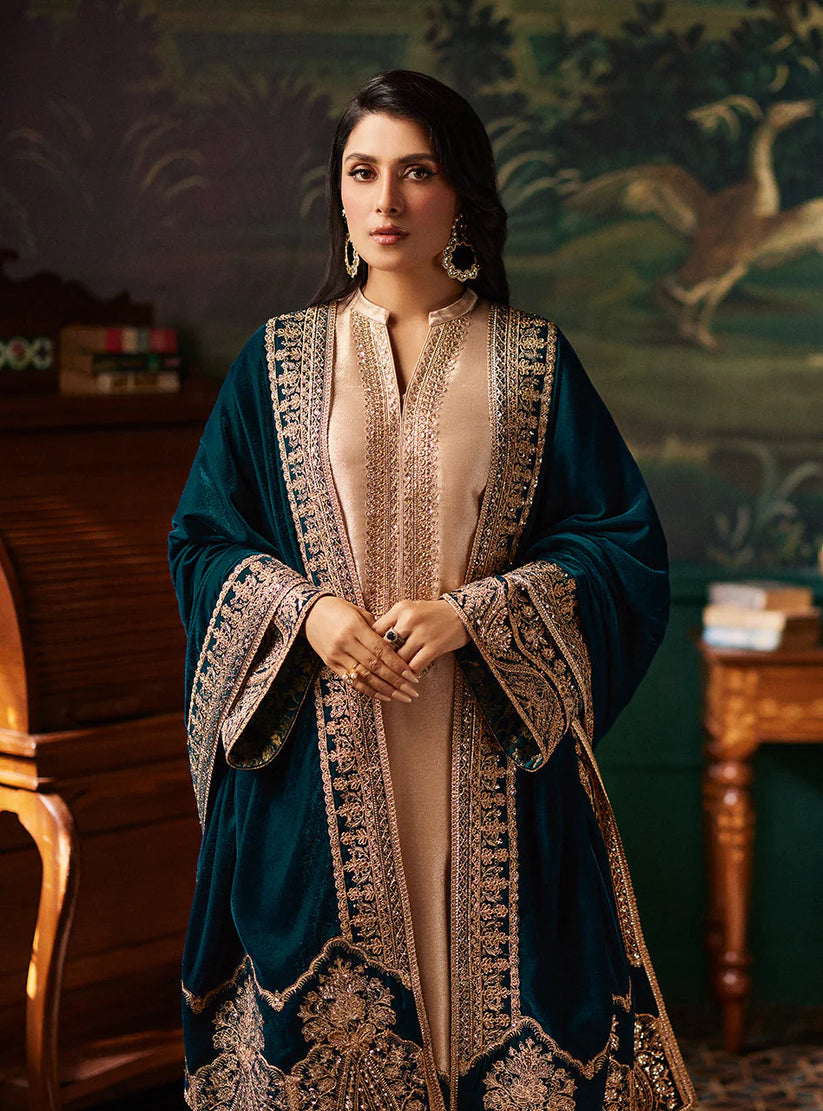 Luxury stitched Suit with Embroidered Velvet Shawl