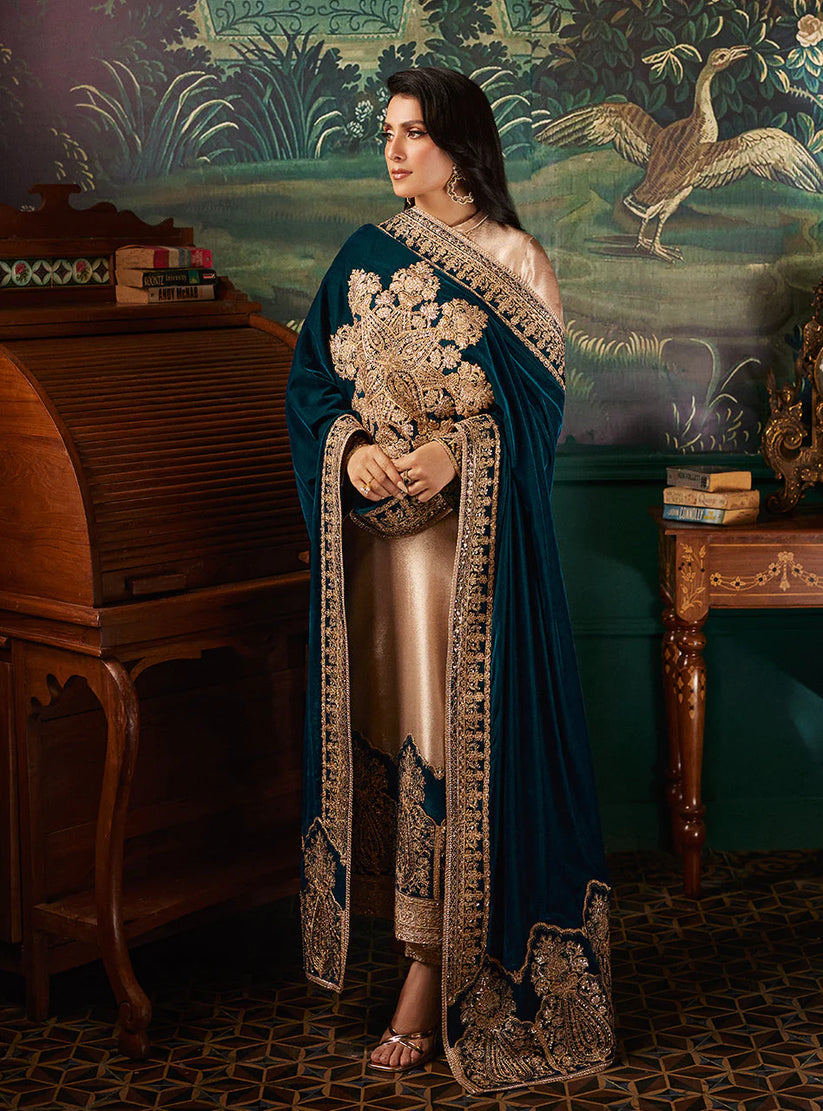 Luxury stitched Suit with Embroidered Velvet Shawl