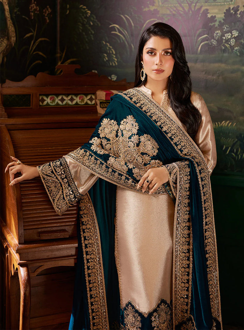 Luxury stitched Suit with Embroidered Velvet Shawl