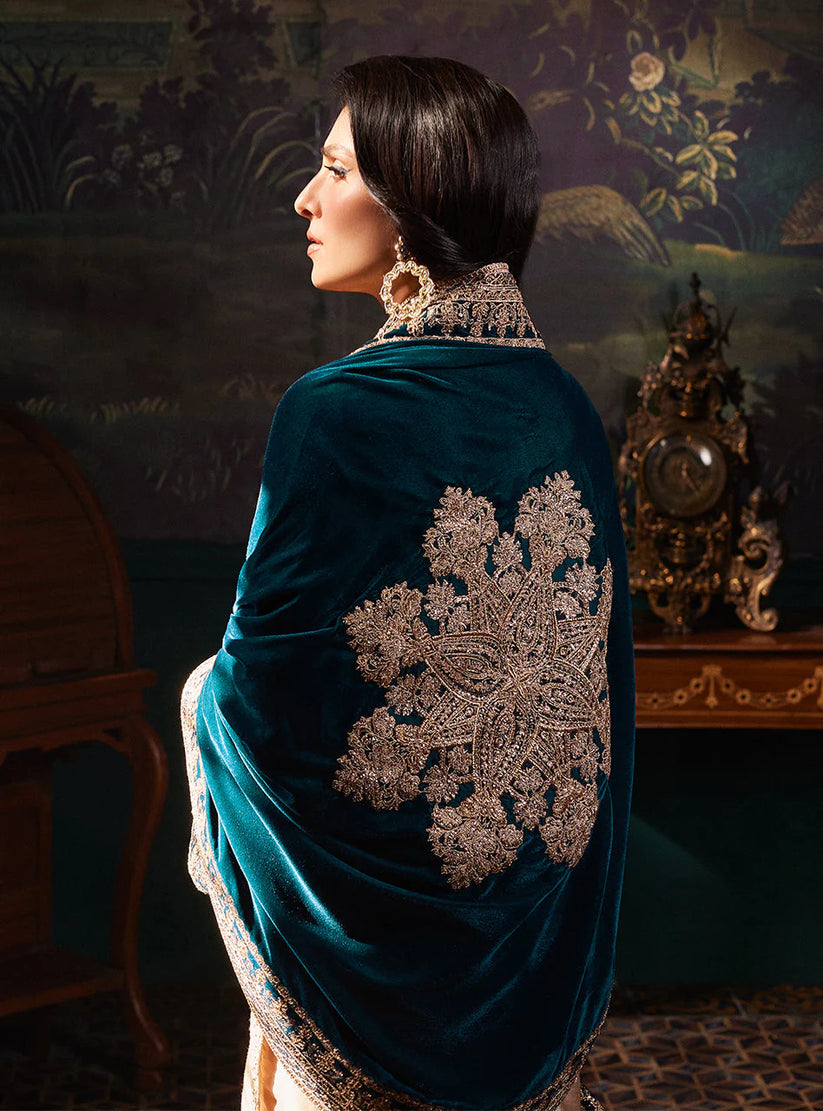Luxury stitched Suit with Embroidered Velvet Shawl