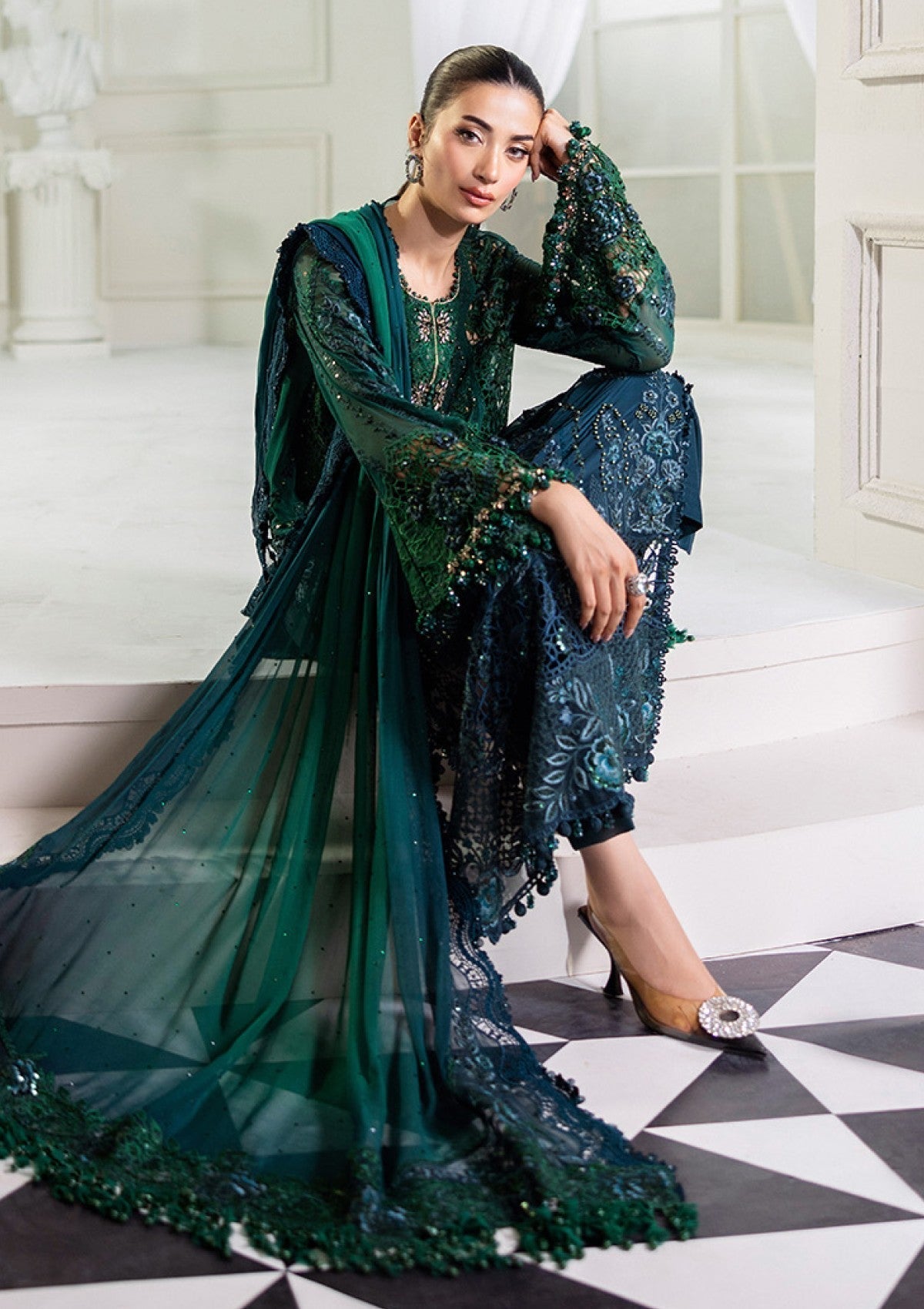 Chiffon Collection | Luxury Tie & Dye Embroidered 3-Piece Suit