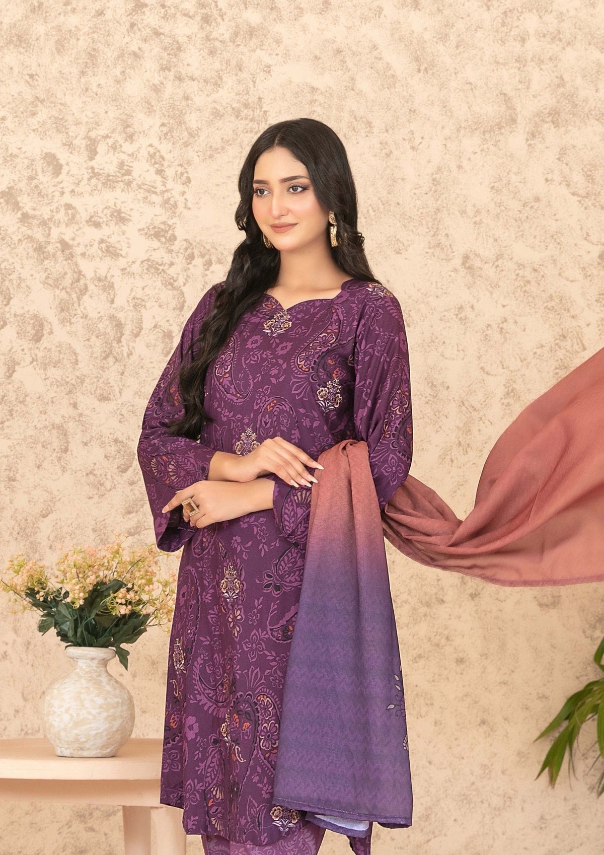 3 Piece Stitched Suit Boti Embroidered Digital Printed Shirt with Exclusive Shawl Dupatta