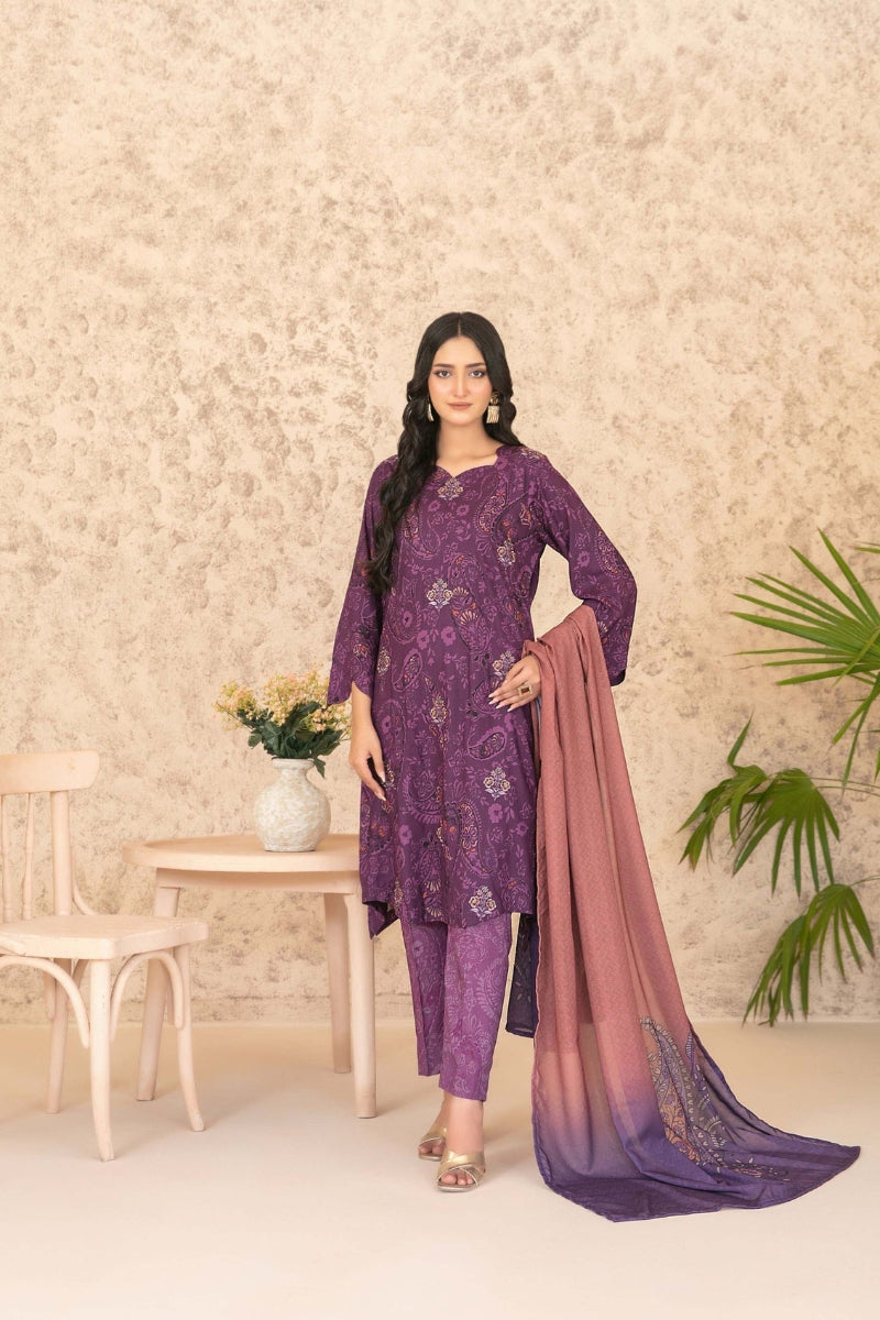 3 Piece Stitched Suit Boti Embroidered Digital Printed Shirt with Exclusive Shawl Dupatta