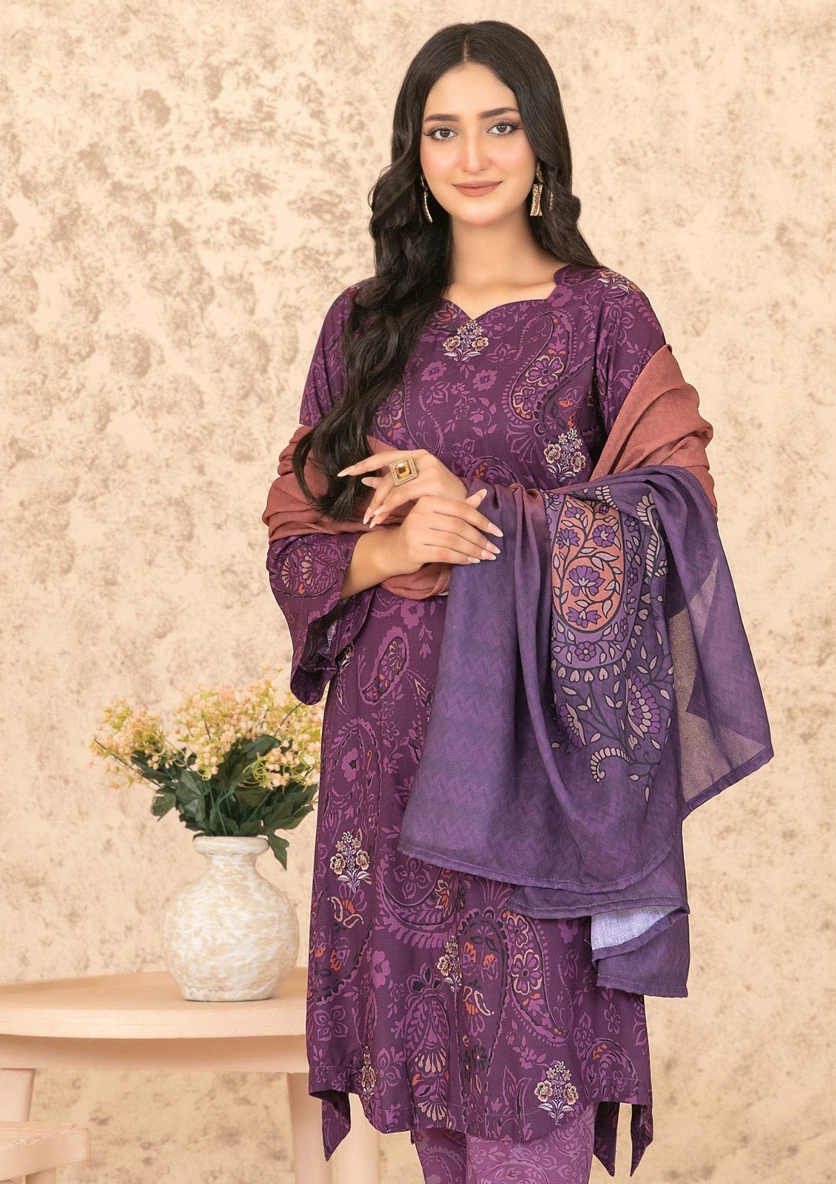 3 Piece Stitched Suit Boti Embroidered Digital Printed Shirt with Exclusive Shawl Dupatta
