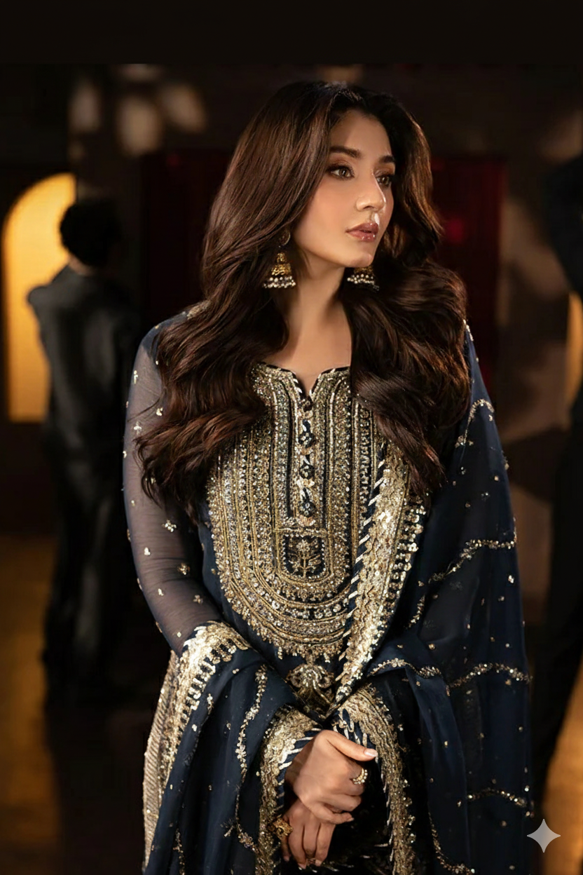 3 Piece Stitched Chiffon Gharara Suit - Ready to Wear