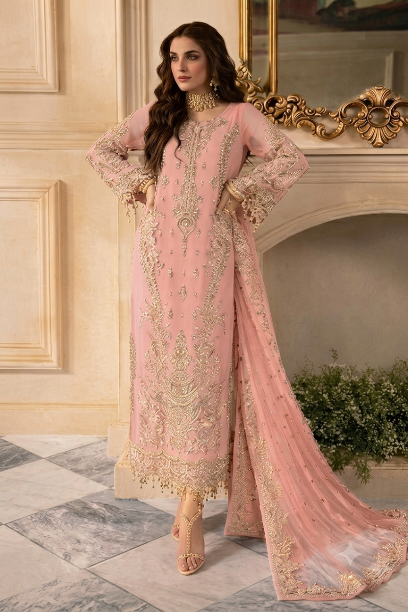 03-Piece Embroidered Chiffon Suit With Net Dupatta | Ready To Wear