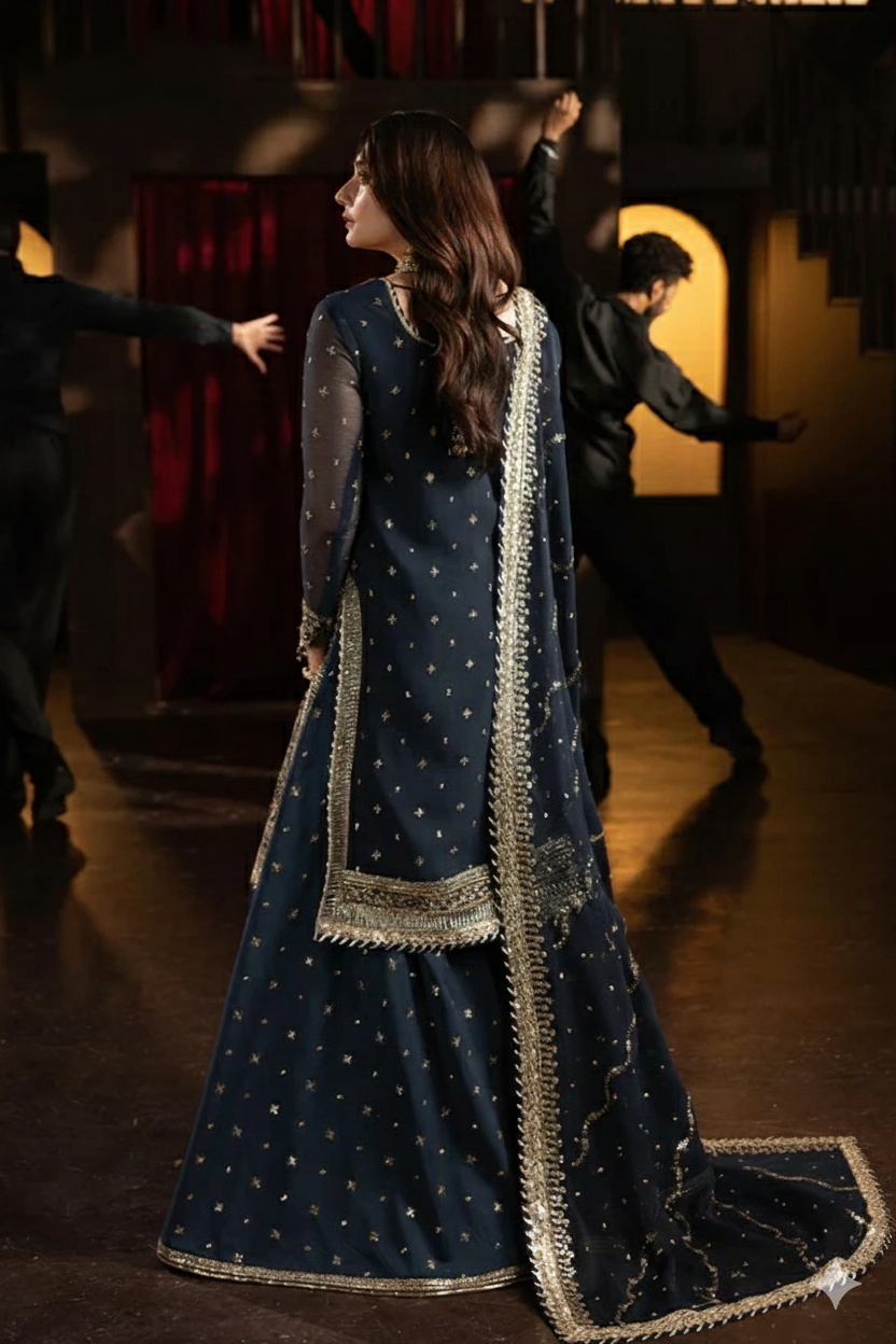 3 Piece Stitched Chiffon Gharara Suit - Ready to Wear