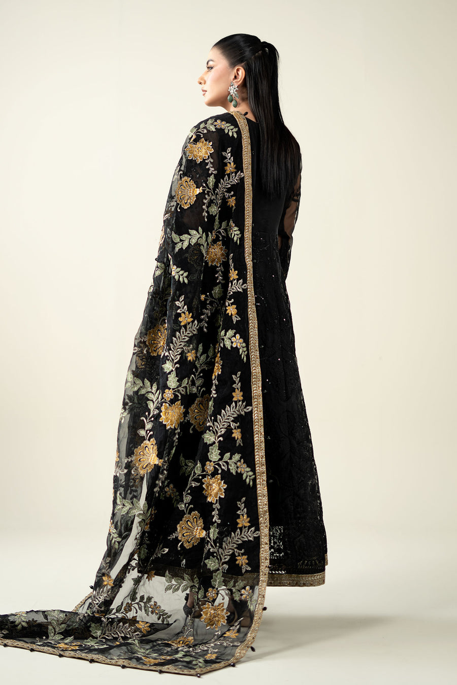 Luxury Black Embroidered Net Maxi with Heavy Embellished Dupatta