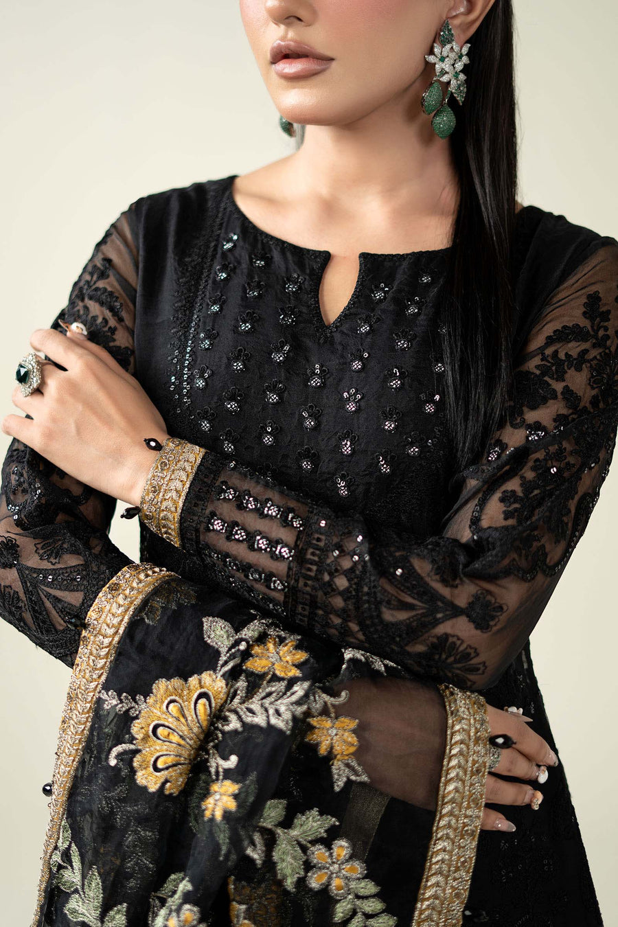 Luxury Black Embroidered Net Maxi with Heavy Embellished Dupatta