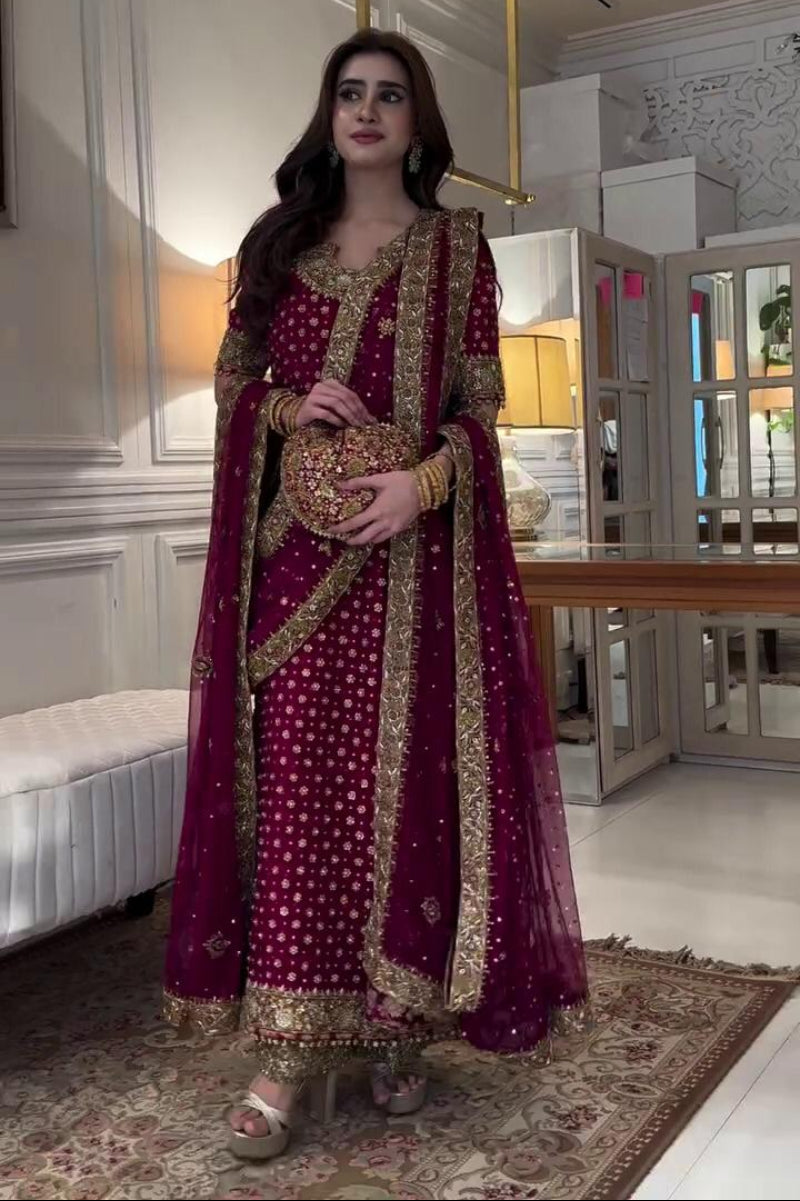 Luxury Chiffon Suit with Adda Work & Matching Clutch | Elegant Festive & Wedding Wear