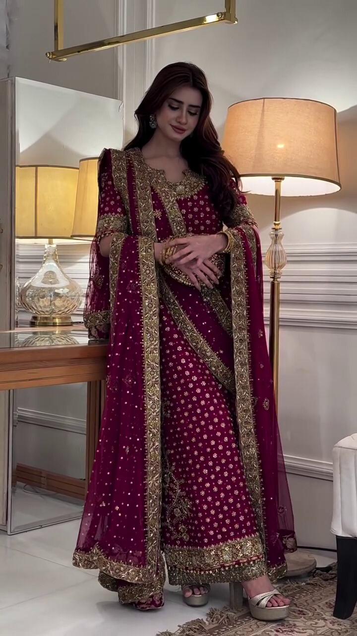 Luxury Chiffon Suit with Adda Work & Matching Clutch | Elegant Festive & Wedding Wear