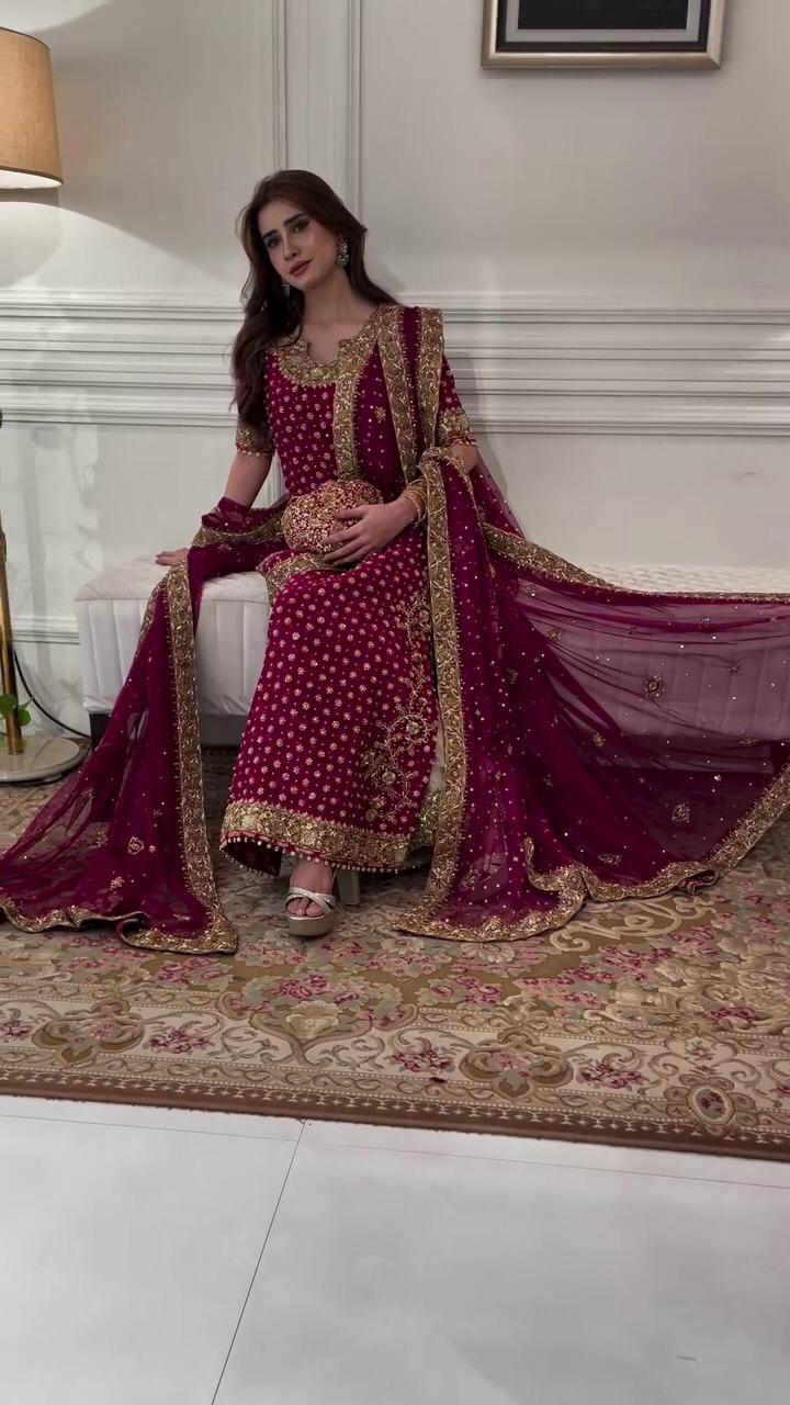 Luxury Chiffon Suit with Adda Work & Matching Clutch | Elegant Festive & Wedding Wear