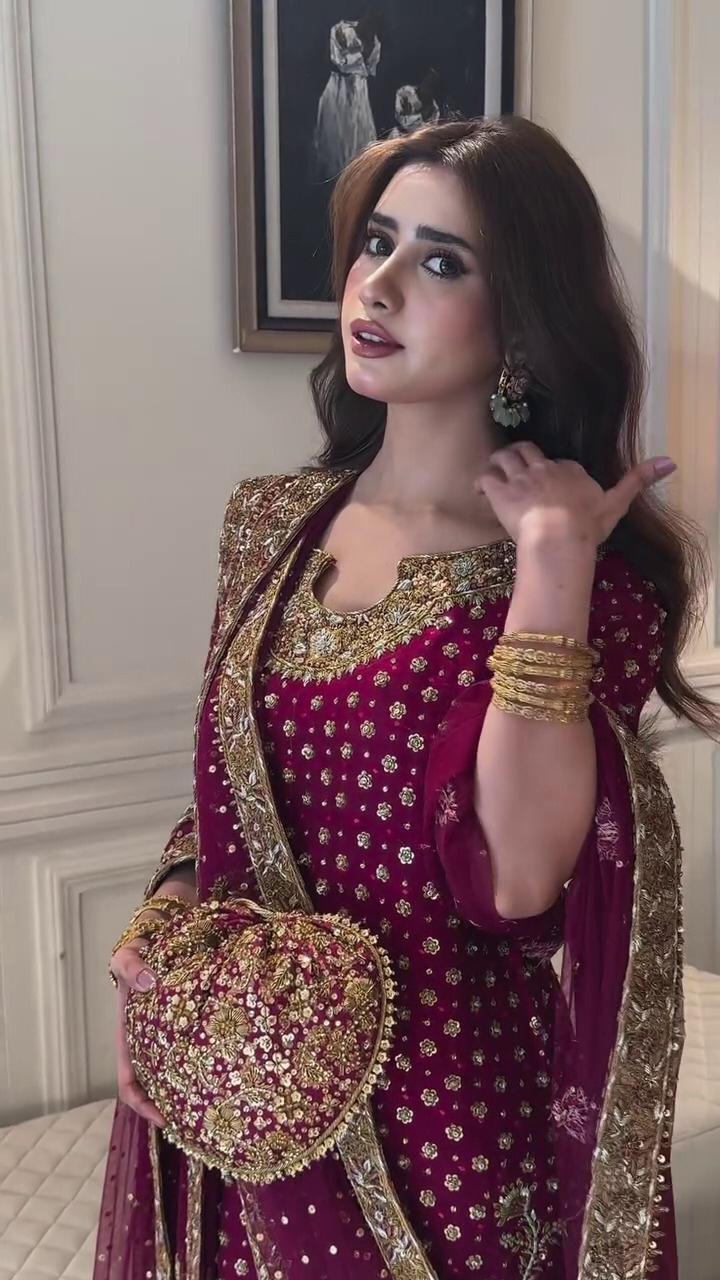 Luxury Chiffon Suit with Adda Work & Matching Clutch | Elegant Festive & Wedding Wear