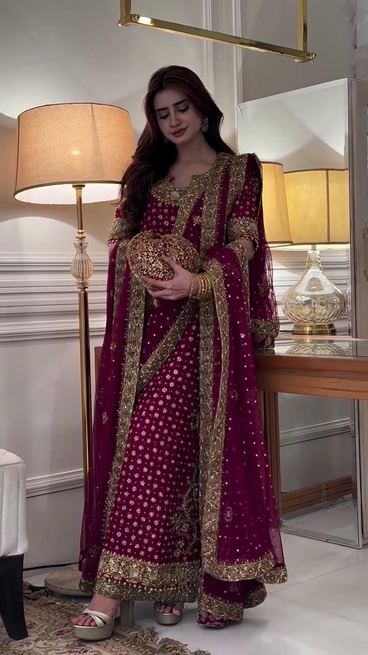Luxury Chiffon Suit with Adda Work & Matching Clutch | Elegant Festive & Wedding Wear