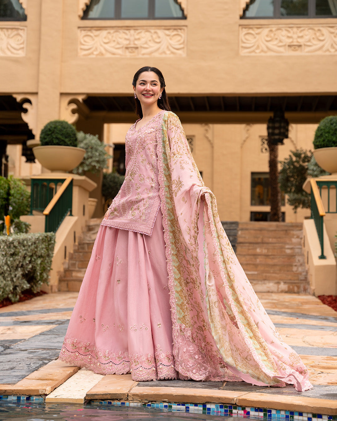 Tea Pink - 03 Piece Lawn Sharara Suit | Ready To Wear
