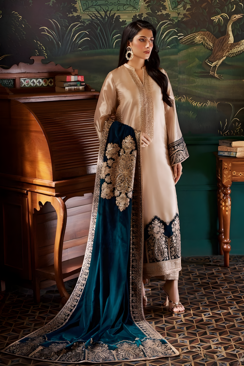 Luxury stitched Suit with Embroidered Velvet Shawl