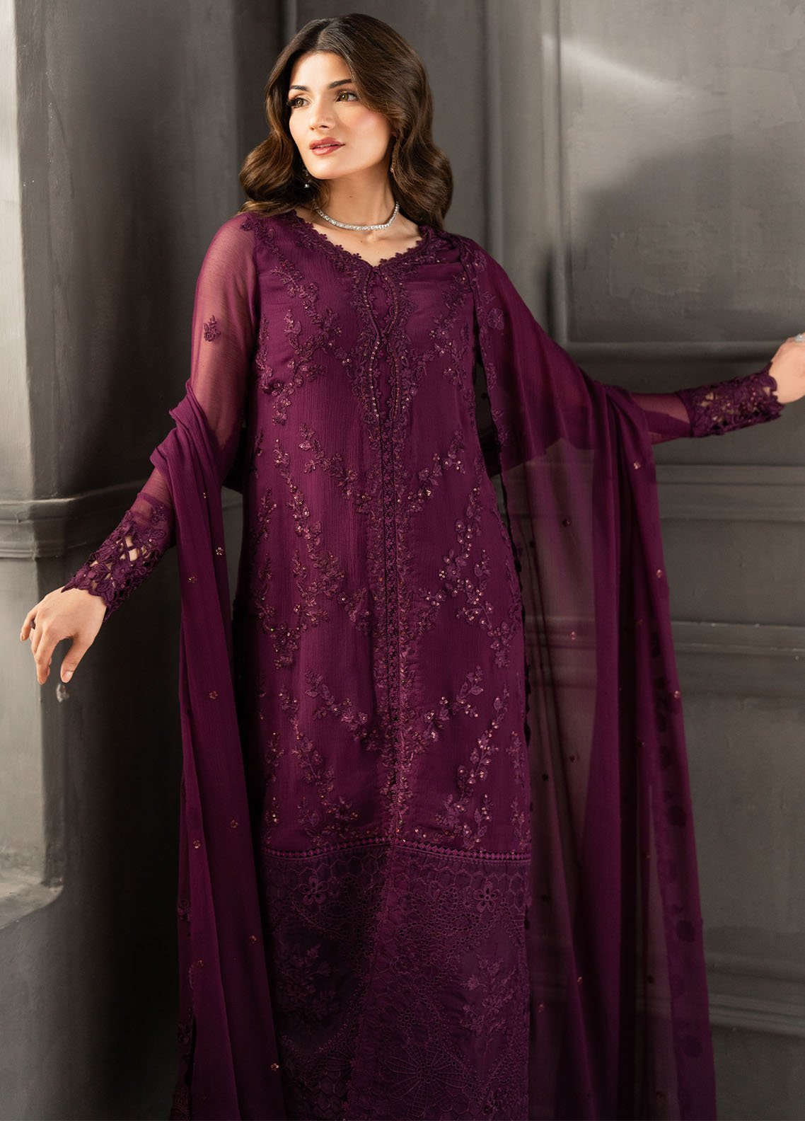 Purple Chiffon Embroidered Dress