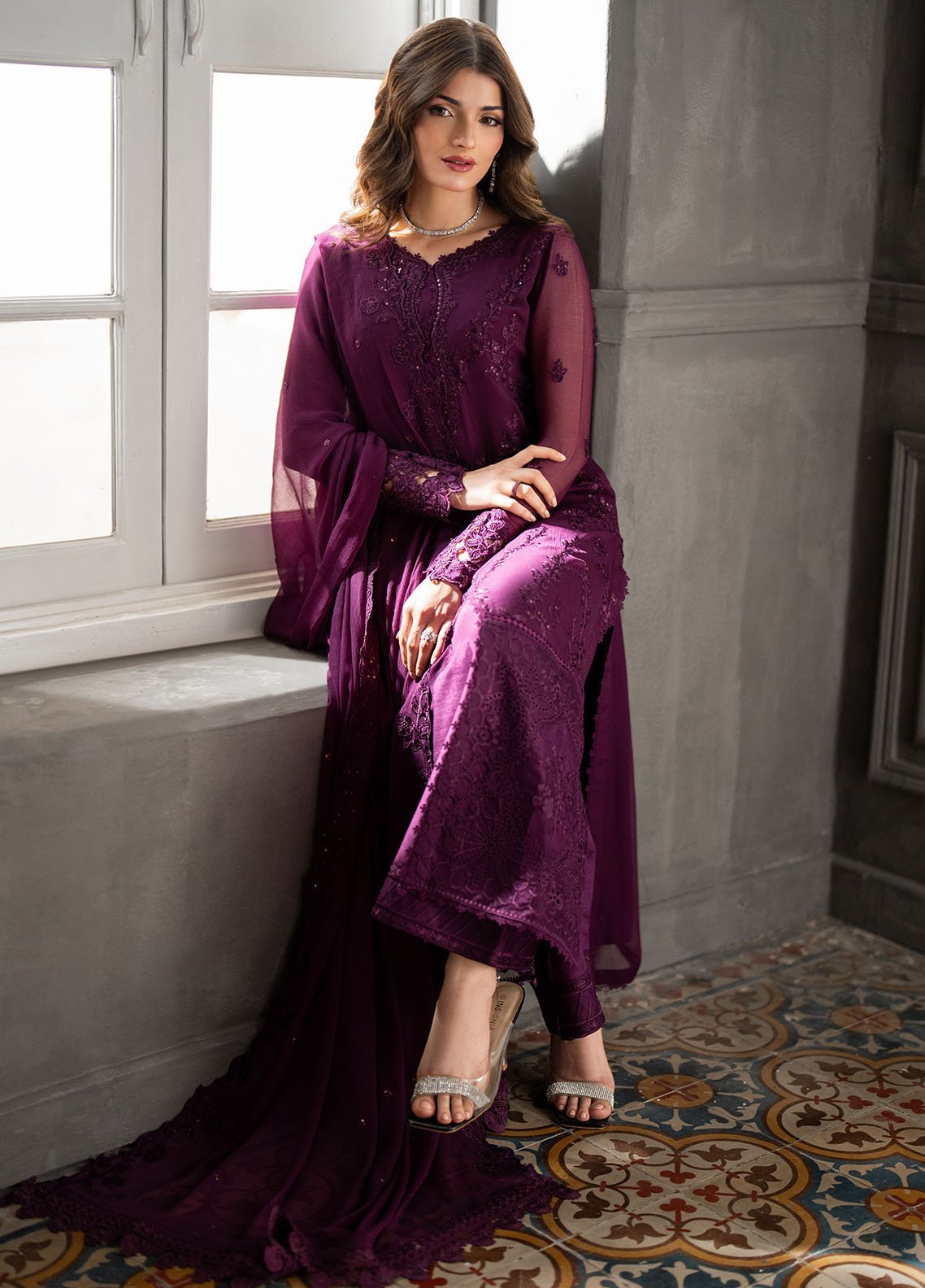 Purple Chiffon Embroidered Dress