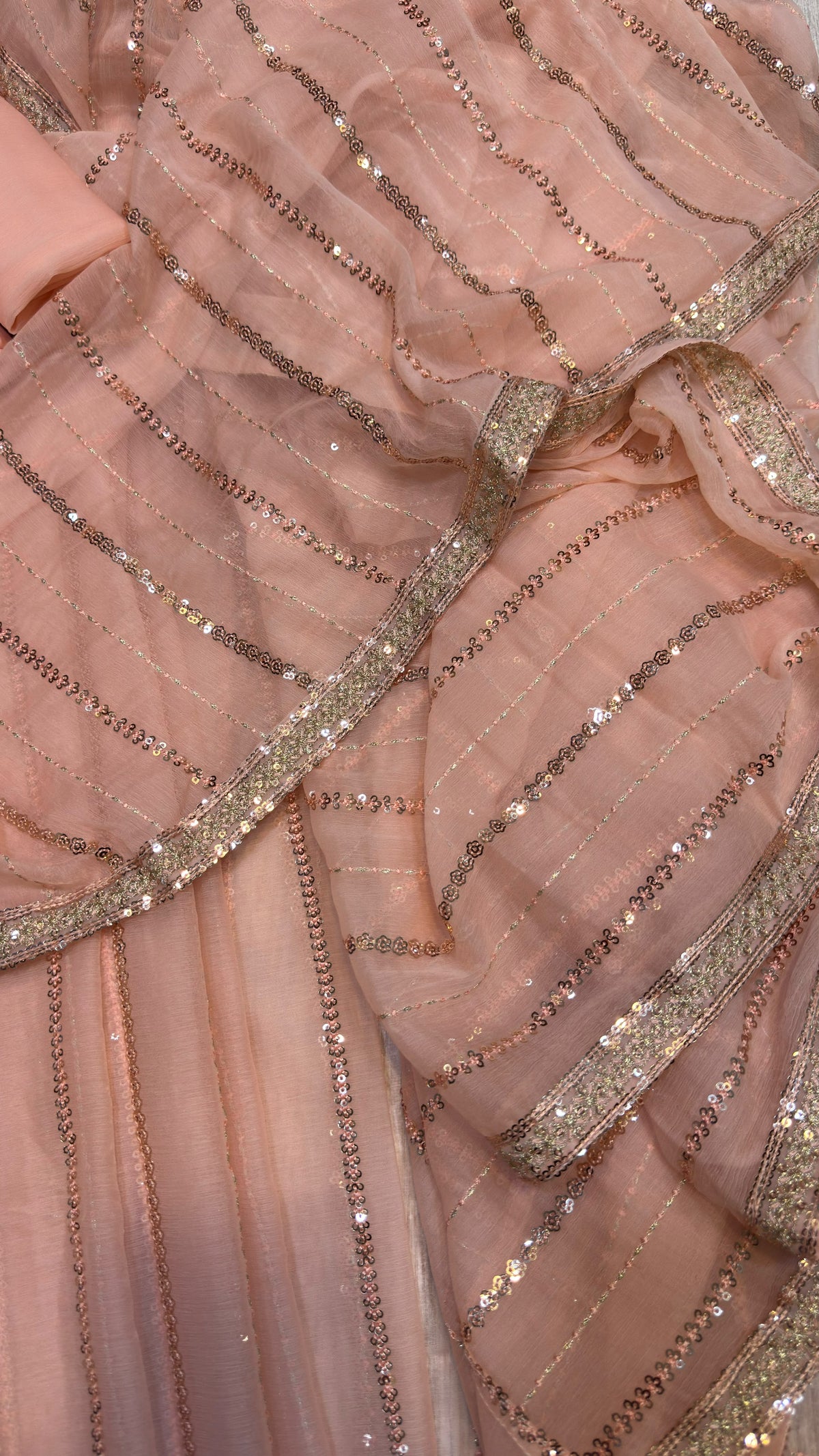 Blush Pink Semi-Pure Chiffon Sequinned Saree | Elegant Formal & Festive Wear