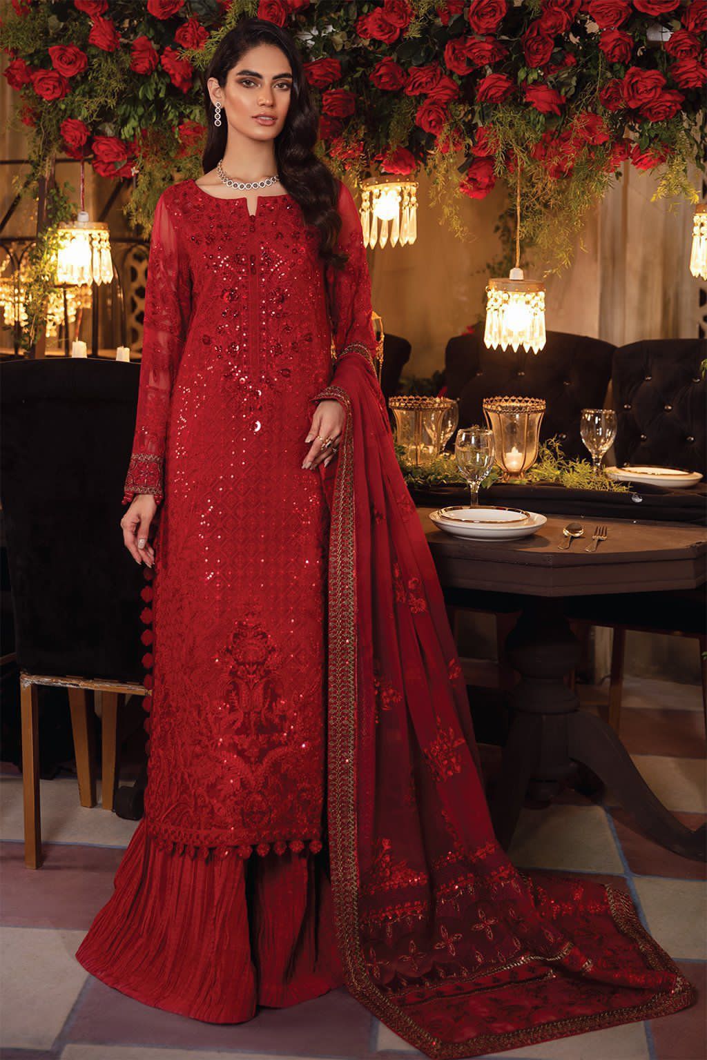 Ruby Red Luxury Chiffon Embroidered Suit with Gharara | Elegant Formal & Festive Wear