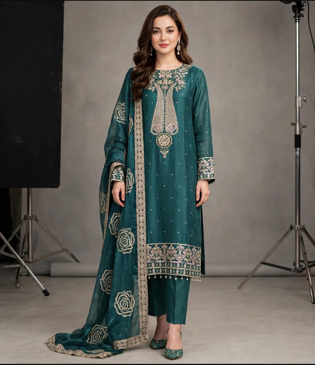 Luxury Shesha Lava Silk Suit with Matching Fabric Dupatta & Plain Malai Trouser | Formal & Festive Wear