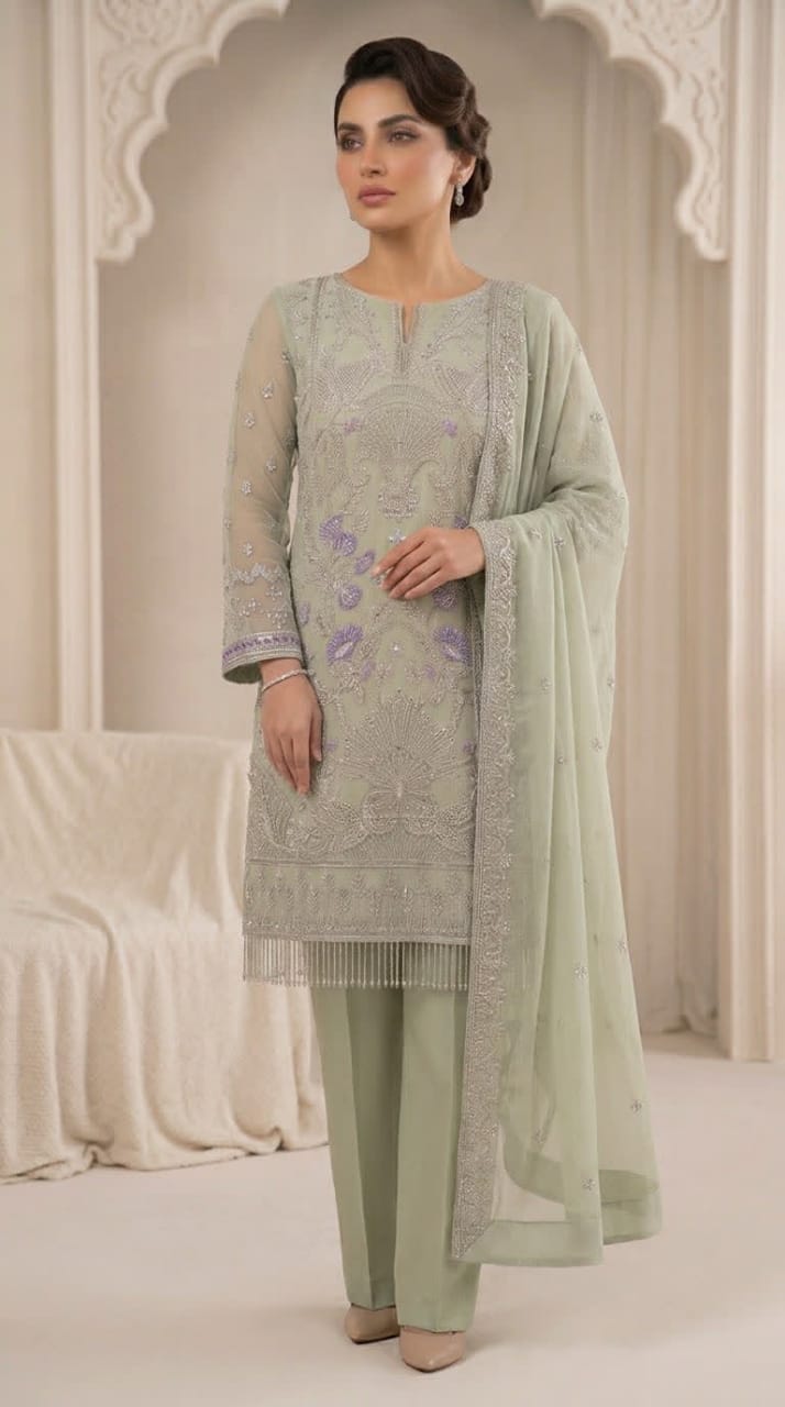 Sage Green Luxury Chiffon Embroidered Suit | Elegant Formal & Festive Wear