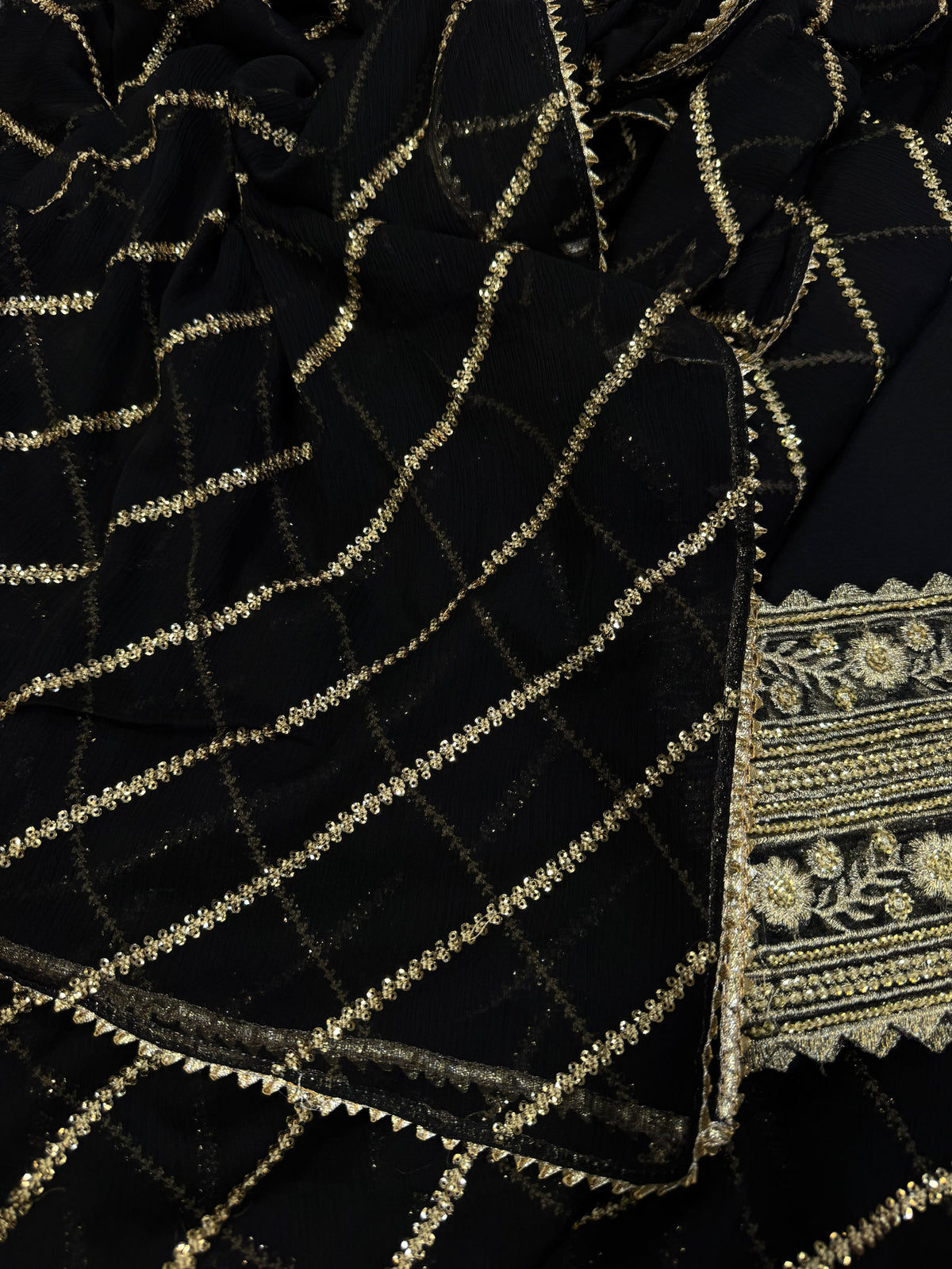 Luxury Formal Linear Embellished Suit with Heavy Border Bottoms