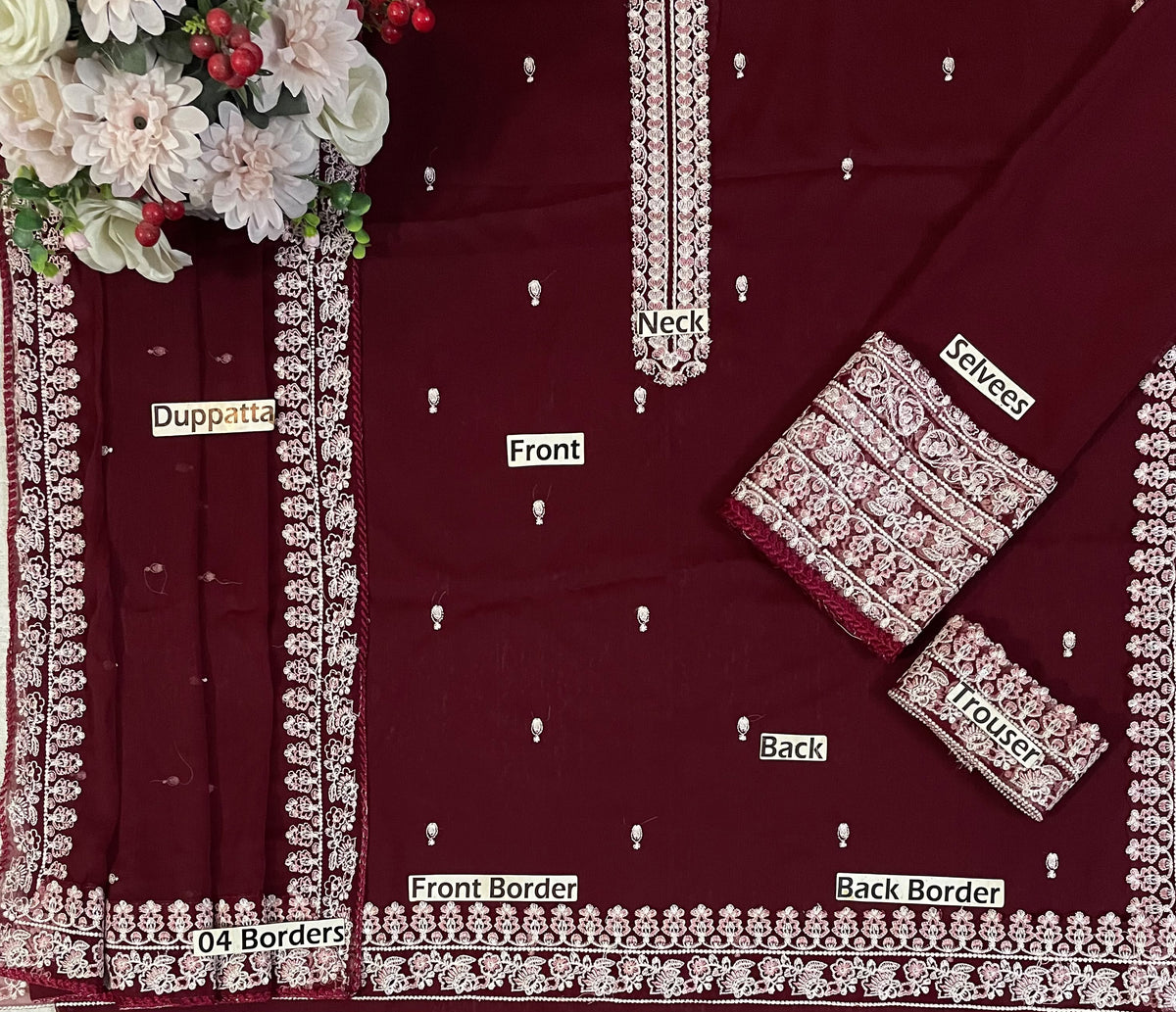 Luxury Chiffon Heavy Neck Embroidered Suit with Wide-Legged Pants & Dupatta | Formal & Festive Wear