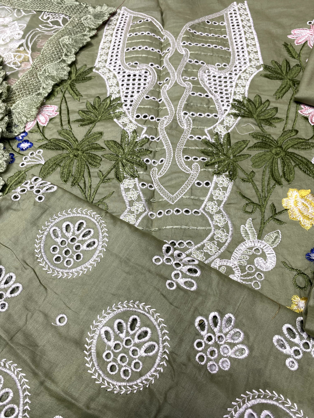 Sage Green Luxury Embroidered Cotton Suit with Net Khaddi Dupatta