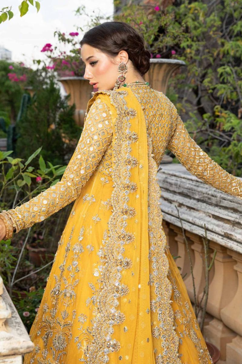 Luxury Mustard Yellow Embroidered Pakistani Bridal Maxi with Handcrafted Dupatta & Wide-Leg Trousers