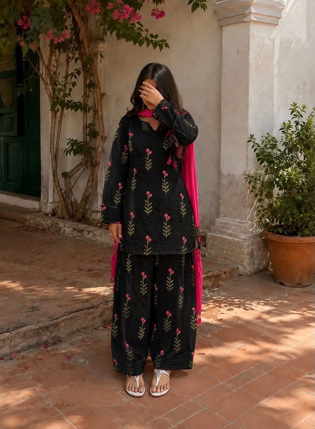 Floral Printed Kurti with Farshi Shalwar and Contrast Dupatta Set – Casual & Festive Wear