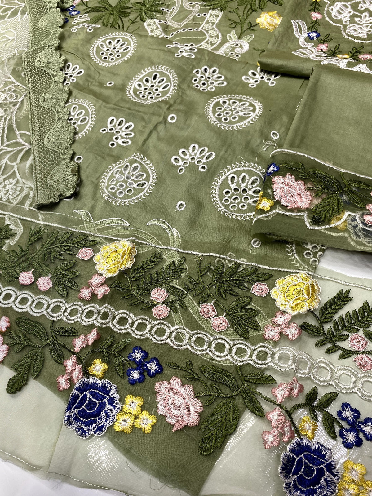 Sage Green Luxury Embroidered Cotton Suit with Net Khaddi Dupatta