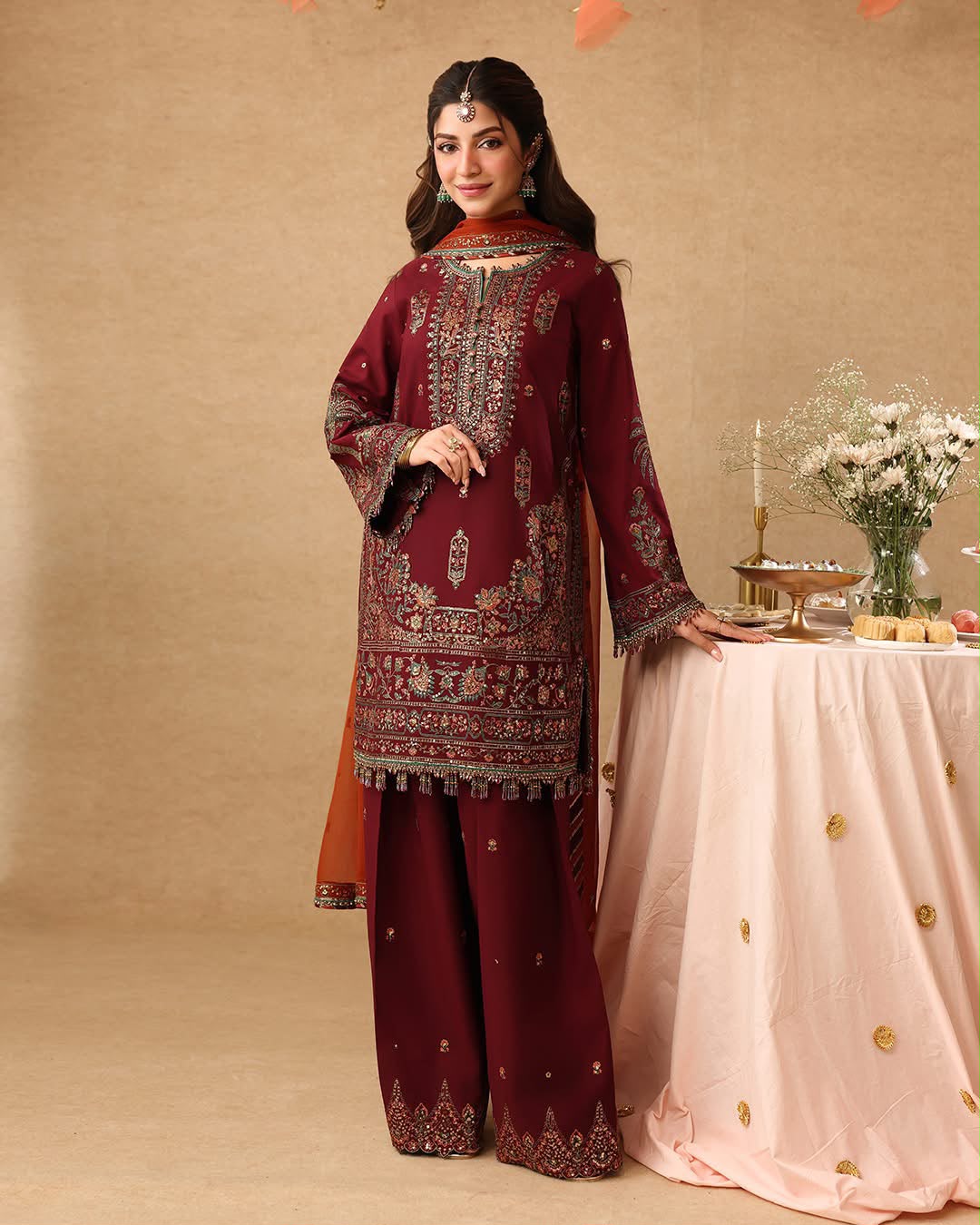 Embroidered Chiffon Kurti with Gharara and Contrast Dupatta Set – Luxury Festive Wear