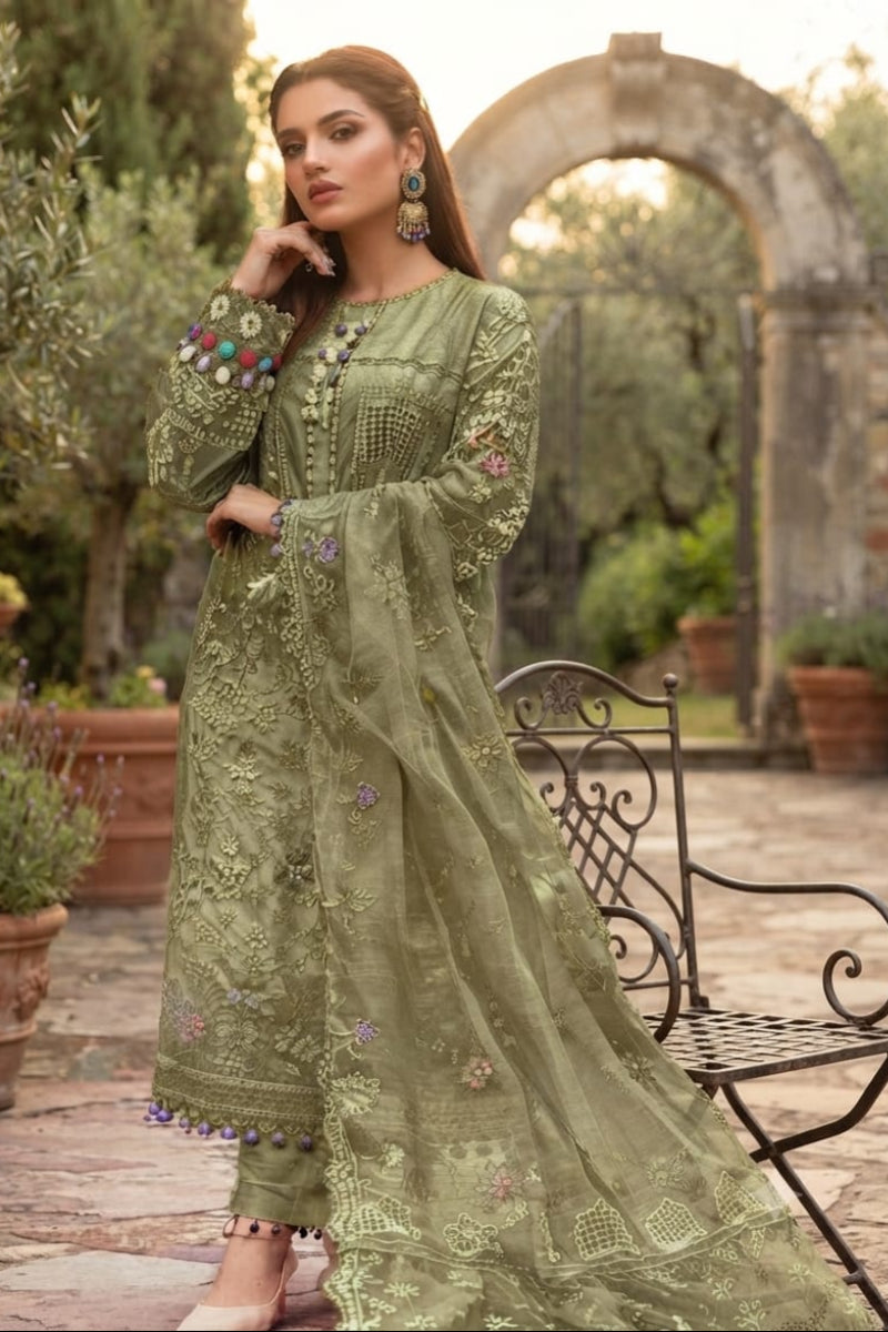 Sage Green Luxury Embroidered Cotton Suit with Net Khaddi Dupatta