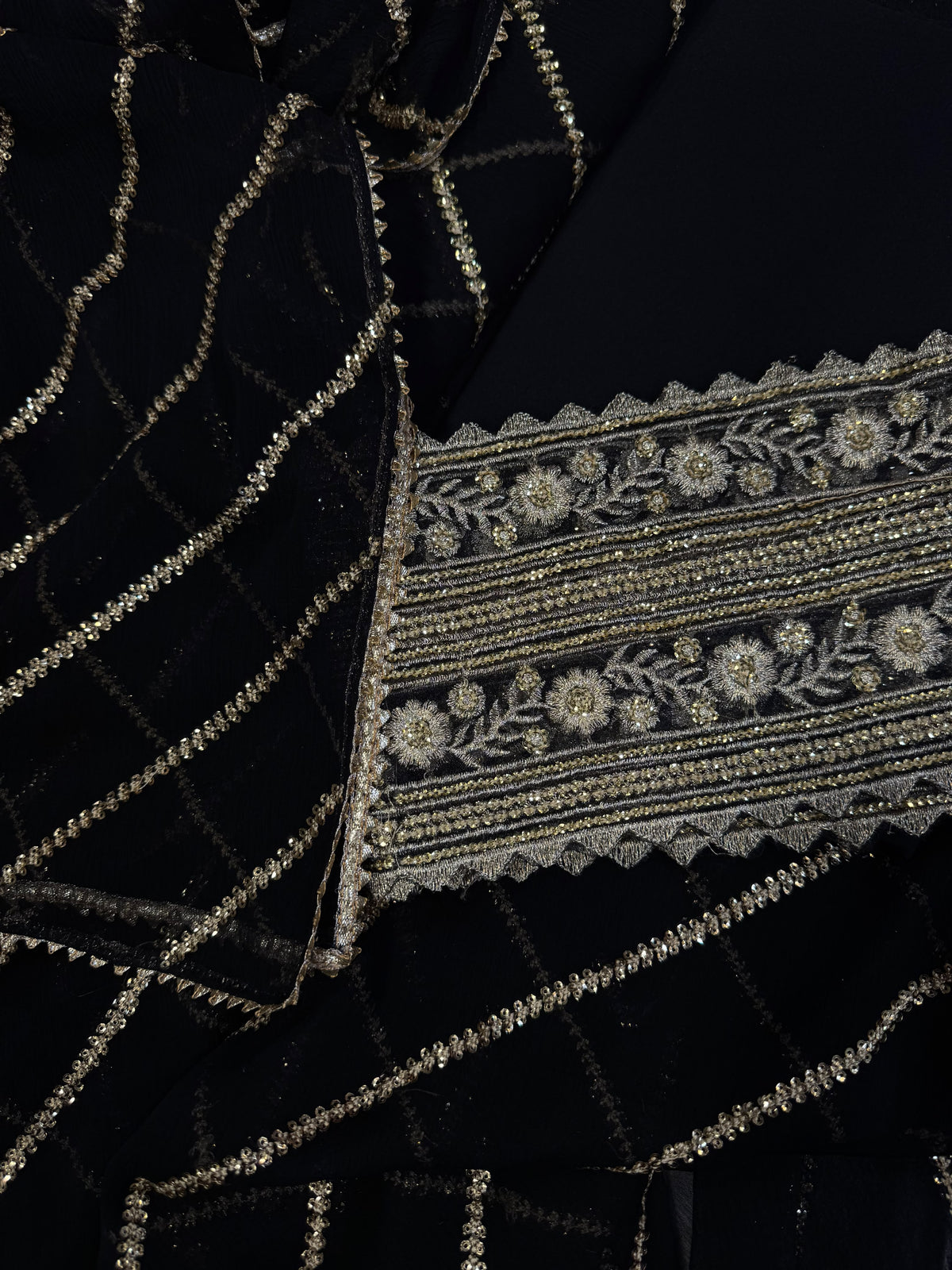 Luxury Formal Linear Embellished Suit with Heavy Border Bottoms