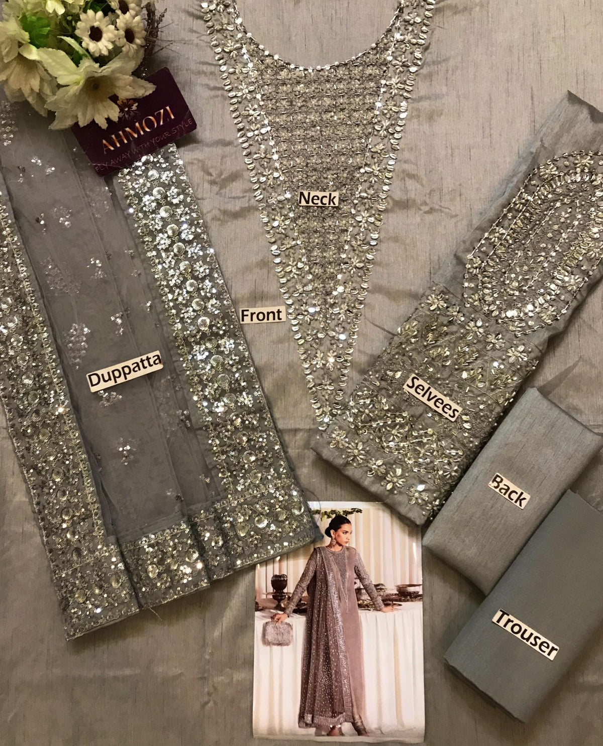 Luxurious Taupe Grey Heavy Embroidered Raw Silk 3-Piece Festive Suit