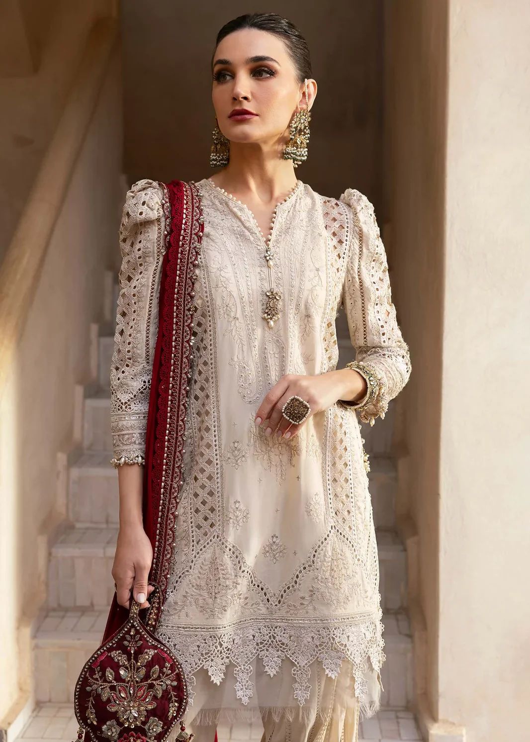 Ivory Luxe Lawn Embroidered 3-Piece Suit with Crimson Dupatta