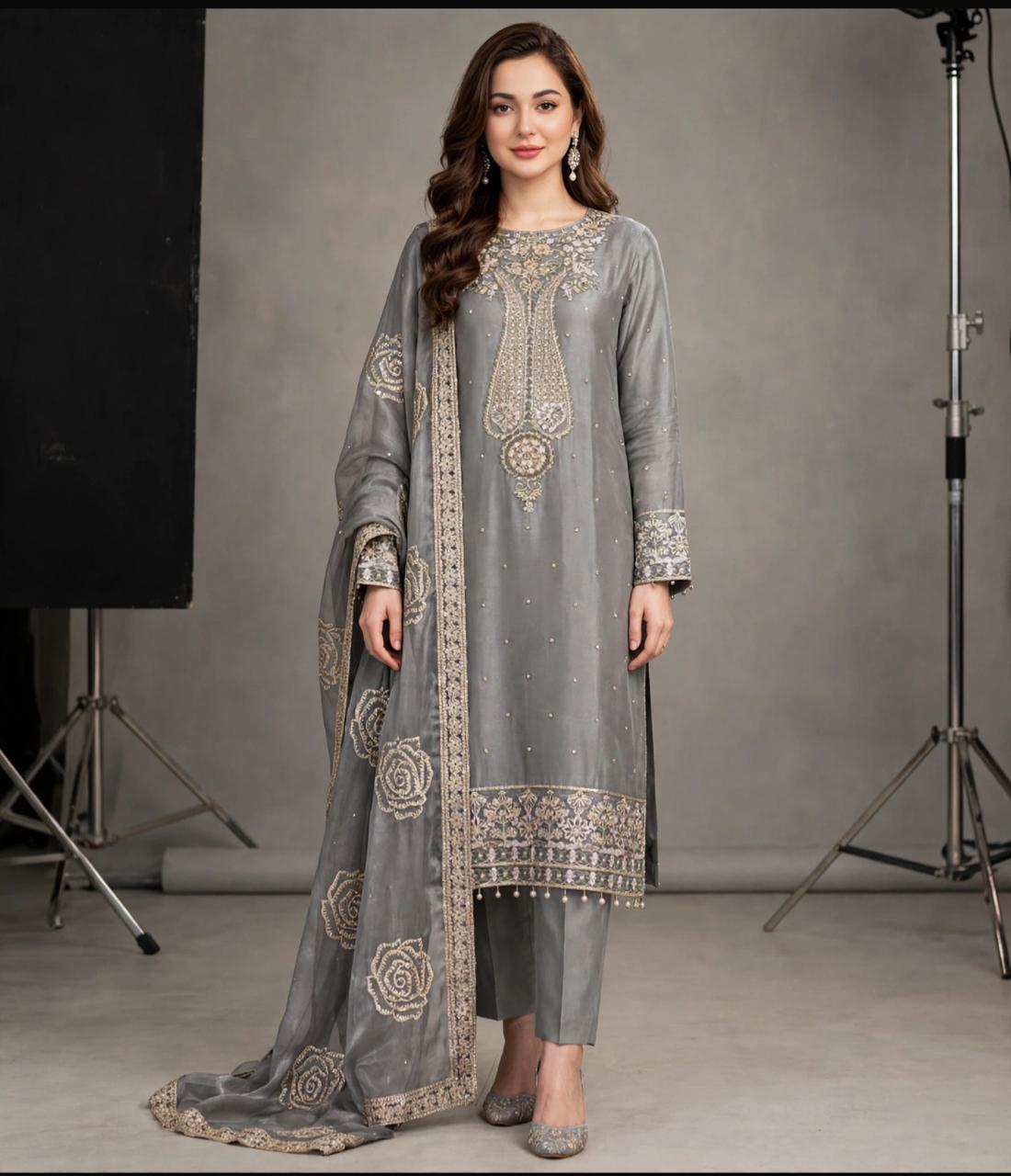Luxury Shesha Lava Silk Suit with Matching Fabric Dupatta & Plain Malai Trouser | Formal & Festive Wear