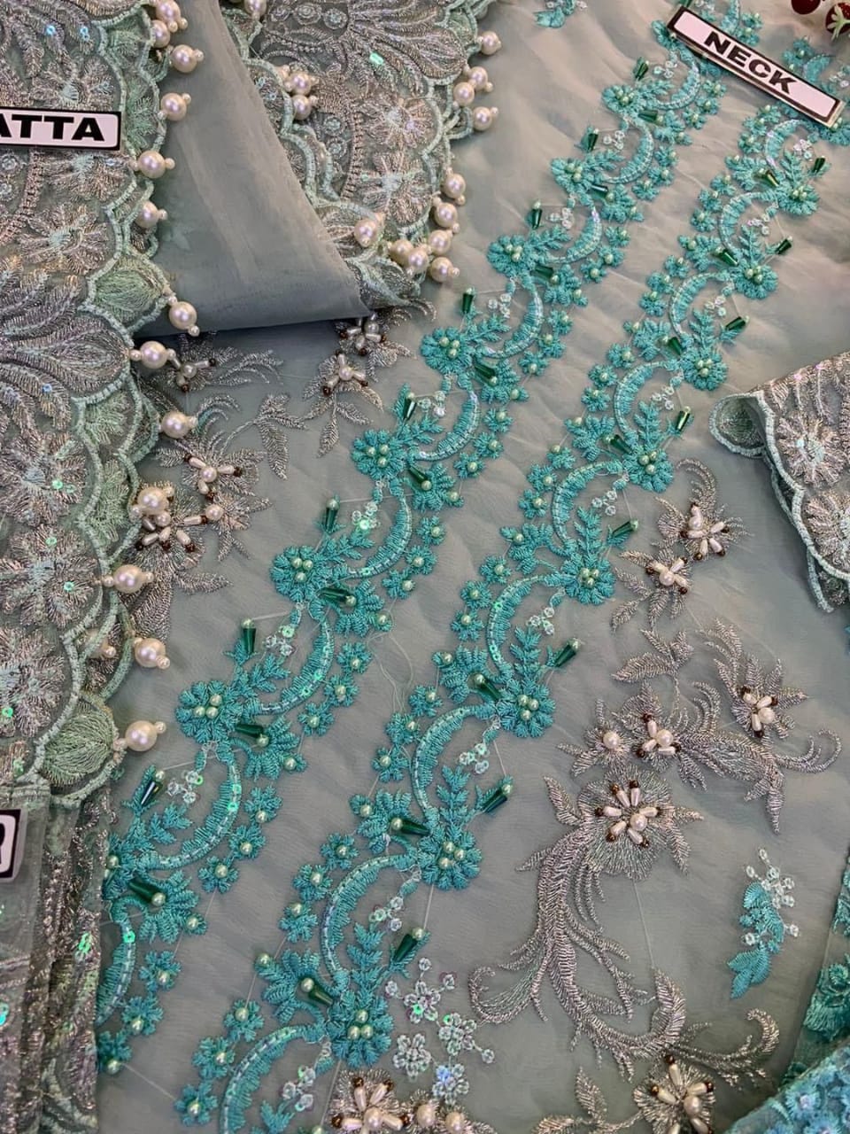 Embroidered Chiffon Kurti with Trouser and Dupatta Set – Luxury Festive Wear