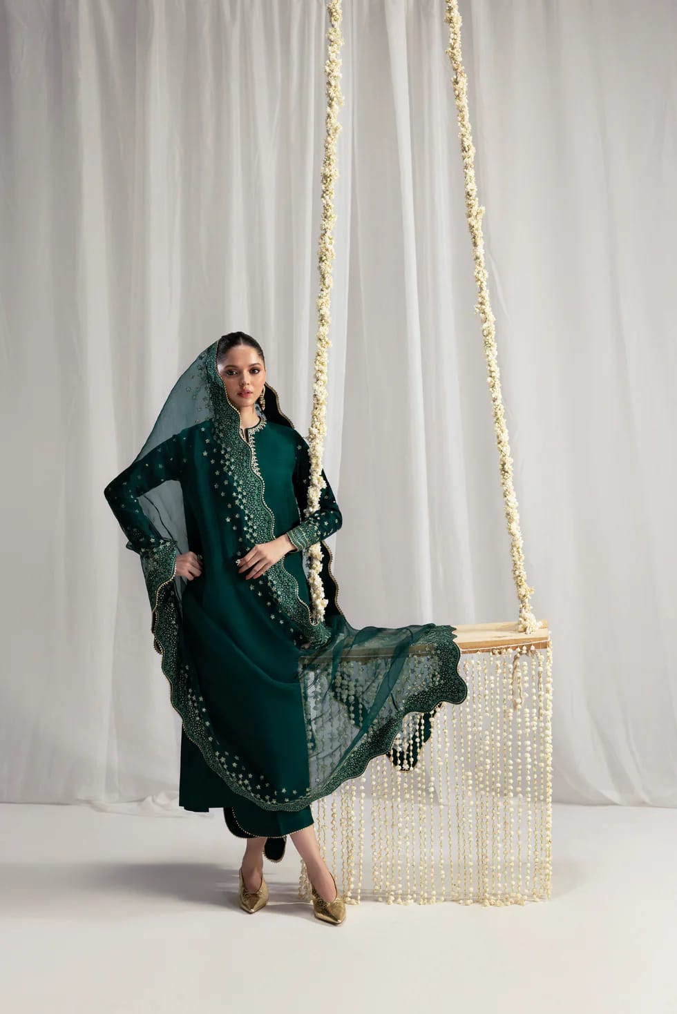 Luxury Raw Silk Embroidered Suit with Sheer Scalloped Dupatta | Formal & Festive Wear