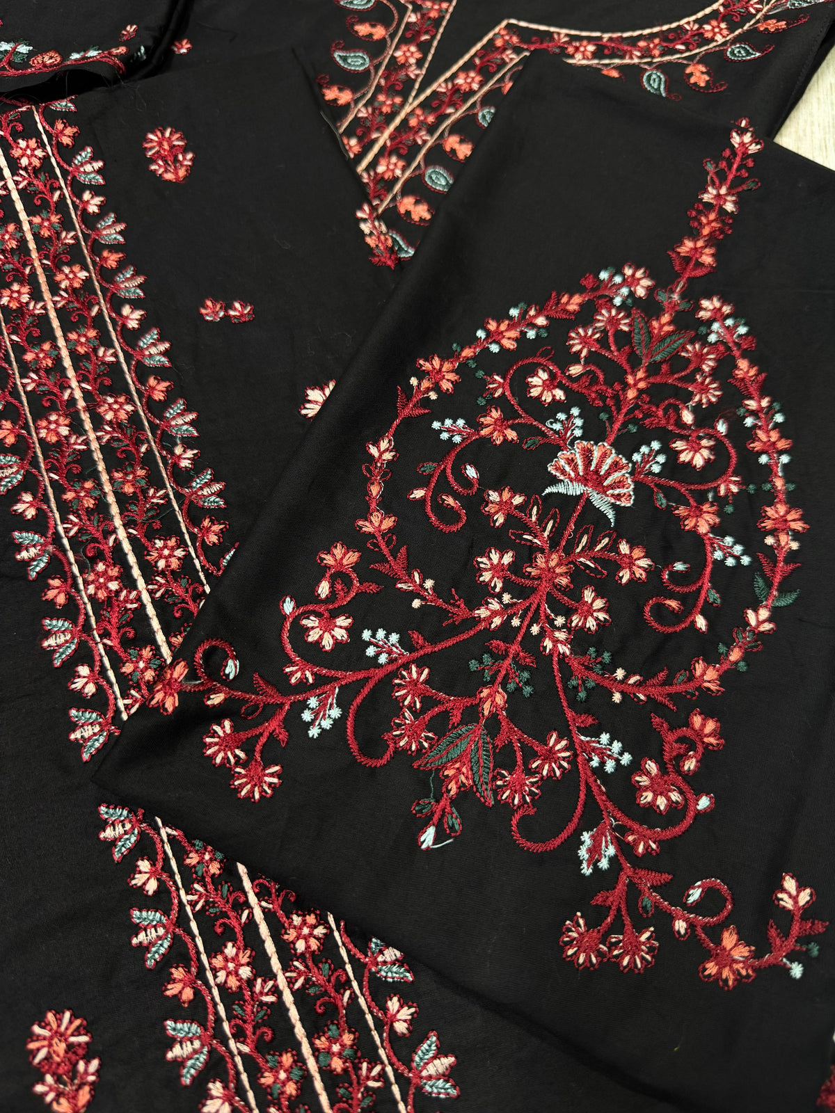 Elegant Embroidered Black Cambric Cotton Kurta with Semi-Chiffon Dupatta
