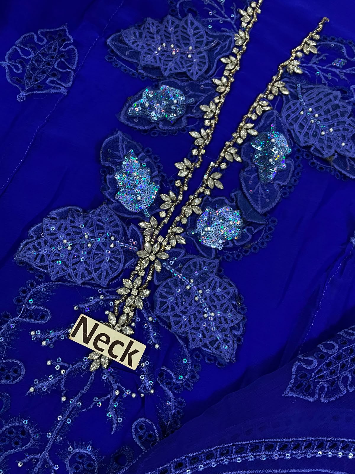 Royal Blue Embellished Chiffon Evening Gown – Elegant Floral Embroidered Occasion Wear