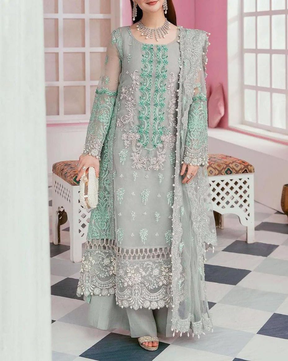 Embroidered Chiffon Kurti with Trouser and Dupatta Set – Luxury Festive Wear