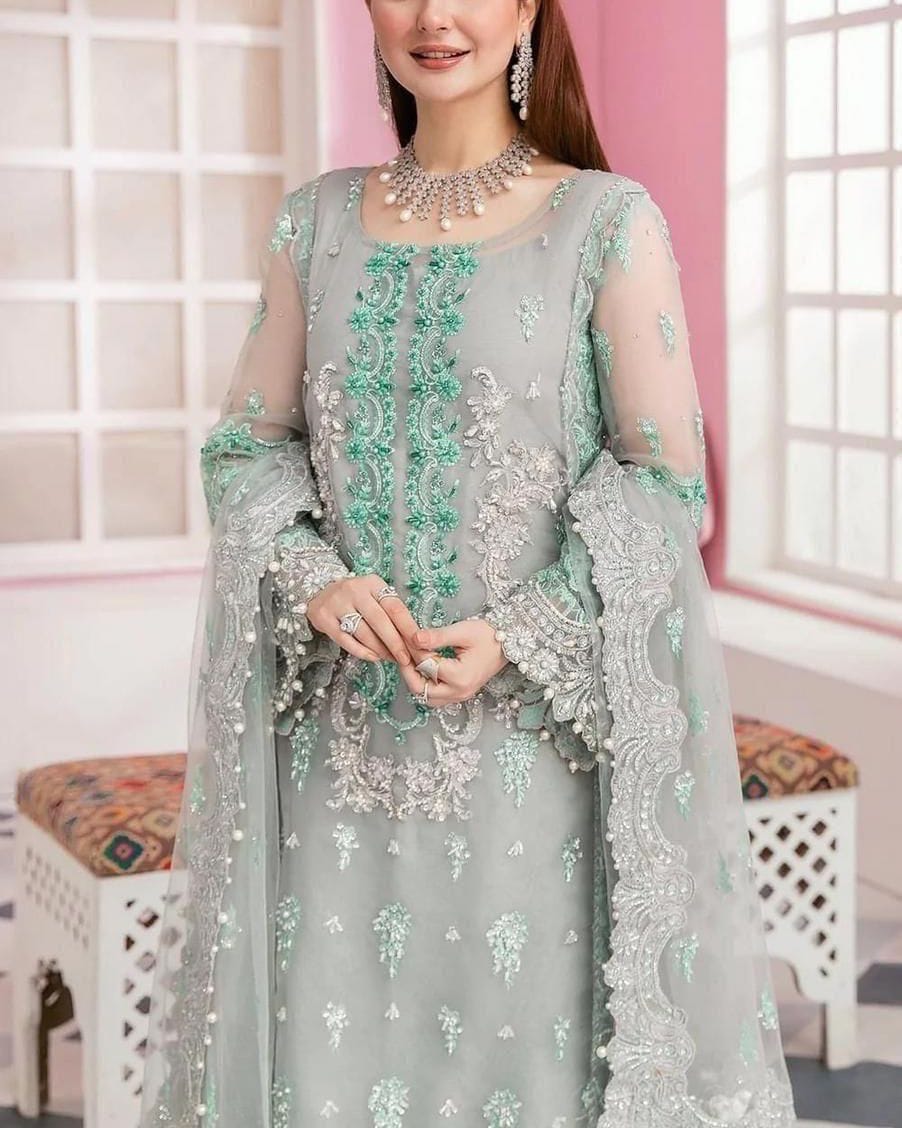 Embroidered Chiffon Kurti with Trouser and Dupatta Set – Luxury Festive Wear