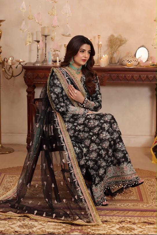 Formal Raw Silk Embellished Maxi Ensemble with Sheer Dupatta
