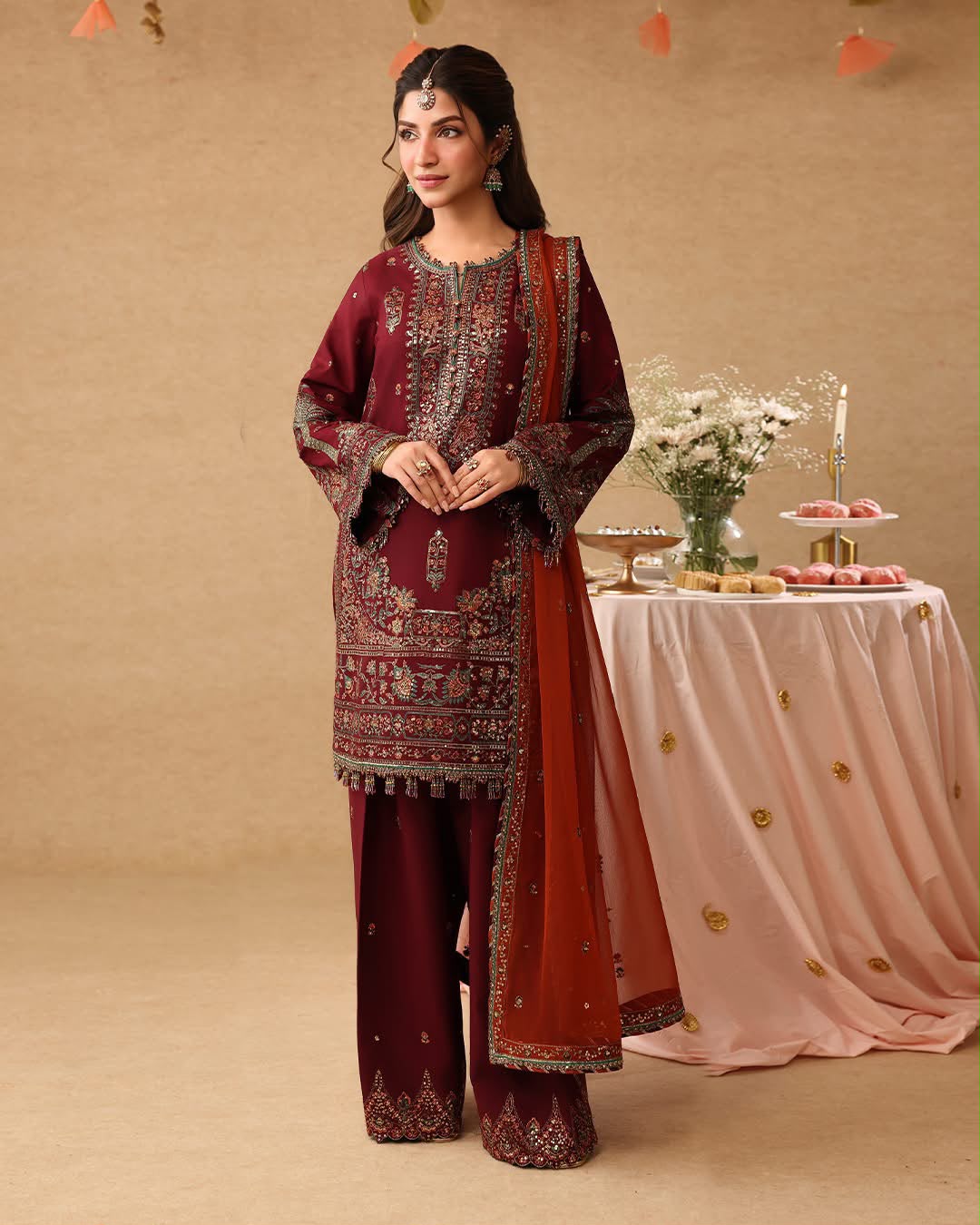 Embroidered Chiffon Kurti with Gharara and Contrast Dupatta Set – Luxury Festive Wear