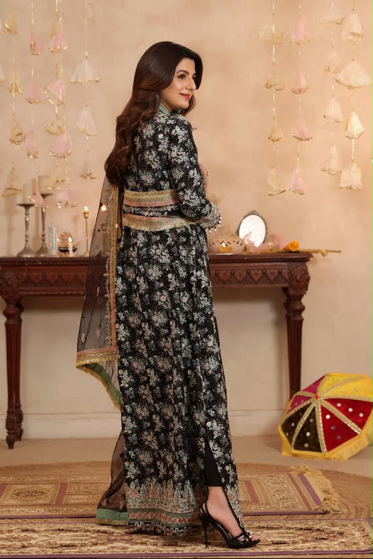 Formal Raw Silk Embellished Maxi Ensemble with Sheer Dupatta