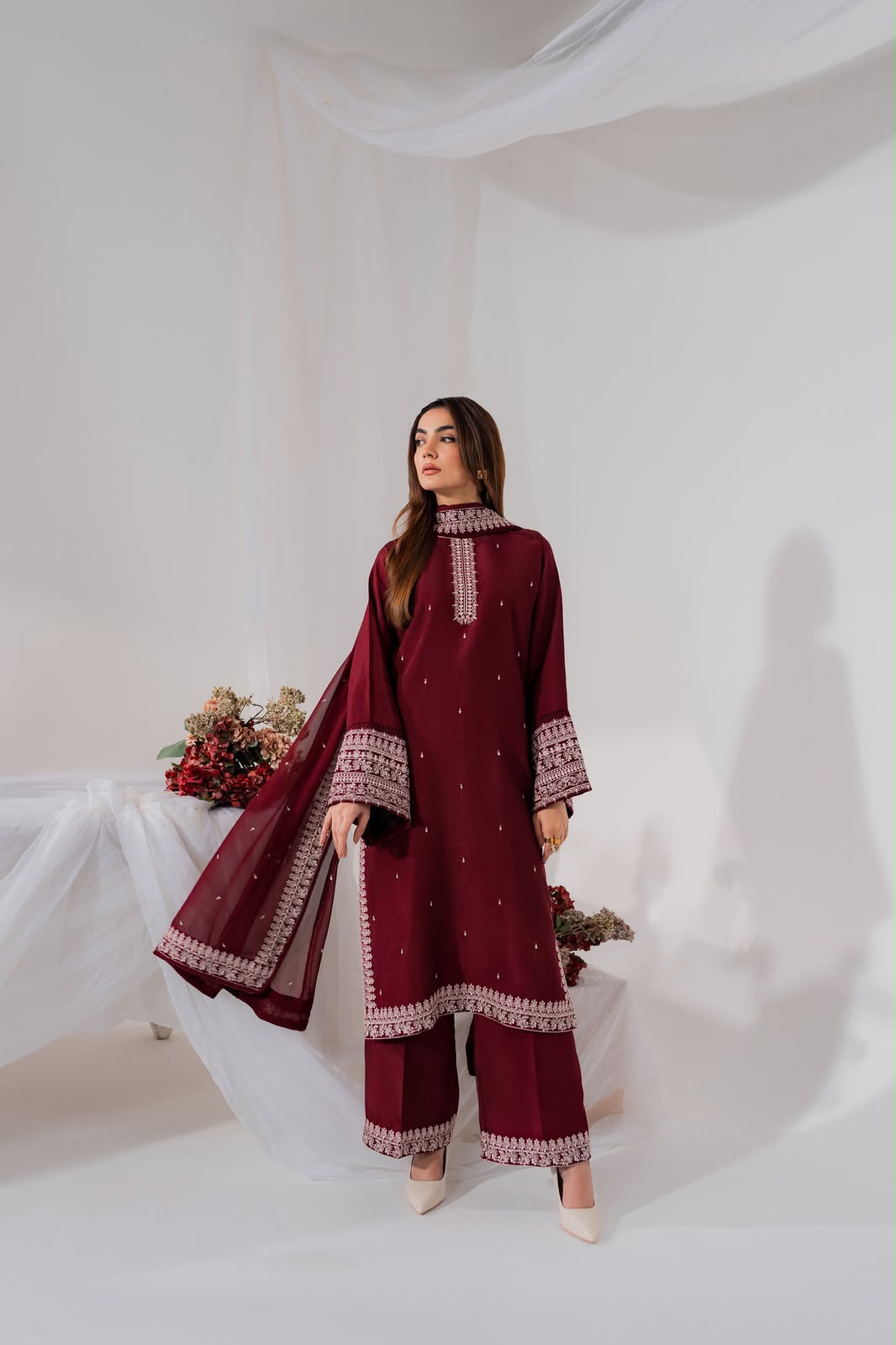 Luxury Chiffon Heavy Neck Embroidered Suit with Wide-Legged Pants & Dupatta | Formal & Festive Wear