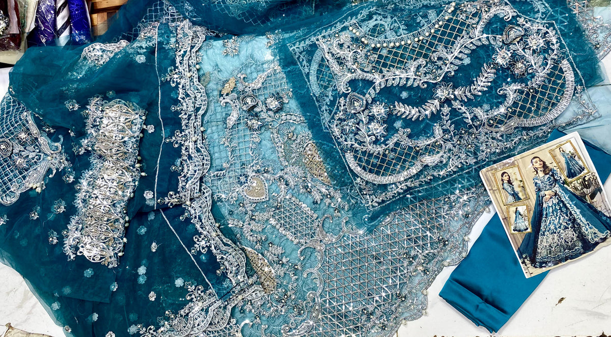 Teal Blue Heavy Embroidered Net Maxi Dress with Net Dupatta & Silk Inner/Bottoms | Bridal & Festive Wear