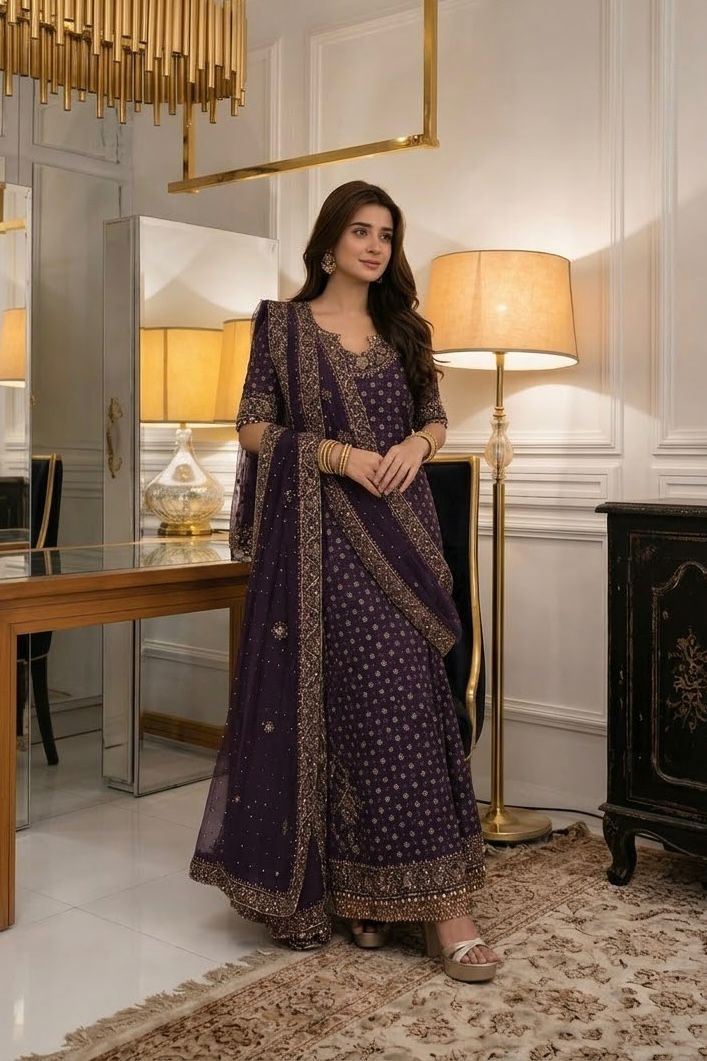 Luxury Chiffon Suit with Adda Work & Matching Clutch | Elegant Festive & Wedding Wear